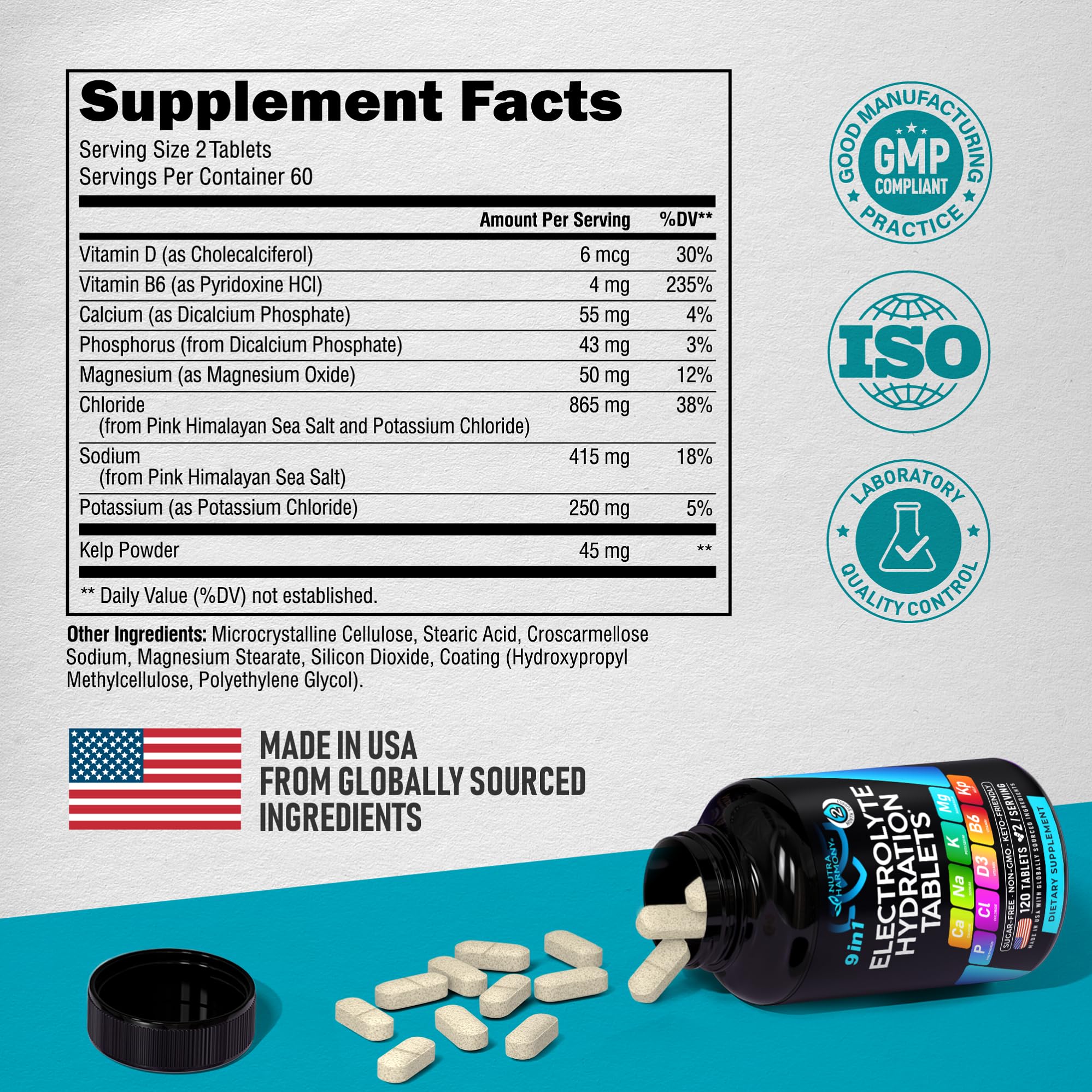 Electrolytes - Electrolyte Tablets with Magnesium, Sodium, Potassium, Chloride, Vitamins D3 & B6, Kelp Powder - Salt Pills - Made in USA - Oral Tablets as Capsules - Vegan & Keto Friendly - 120 Tabs