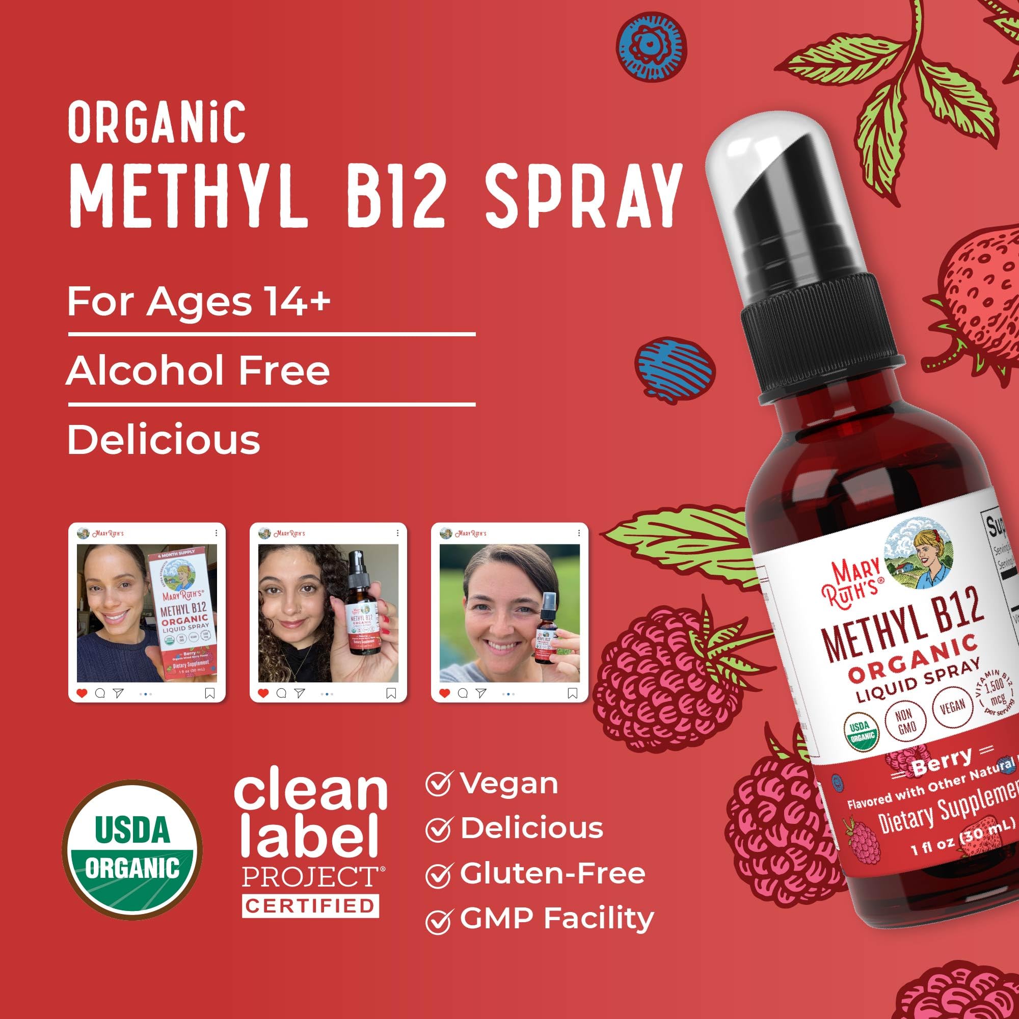MARYRUTH'S Organic Methyl B12 Spray | 1,500 mcg B12 Per Serving | Methylcobalamin | Energy Metabolism | Cognitive Function | Neuro Health | Vegan | Gluten Free | Sugar Free | 1 Fl Oz