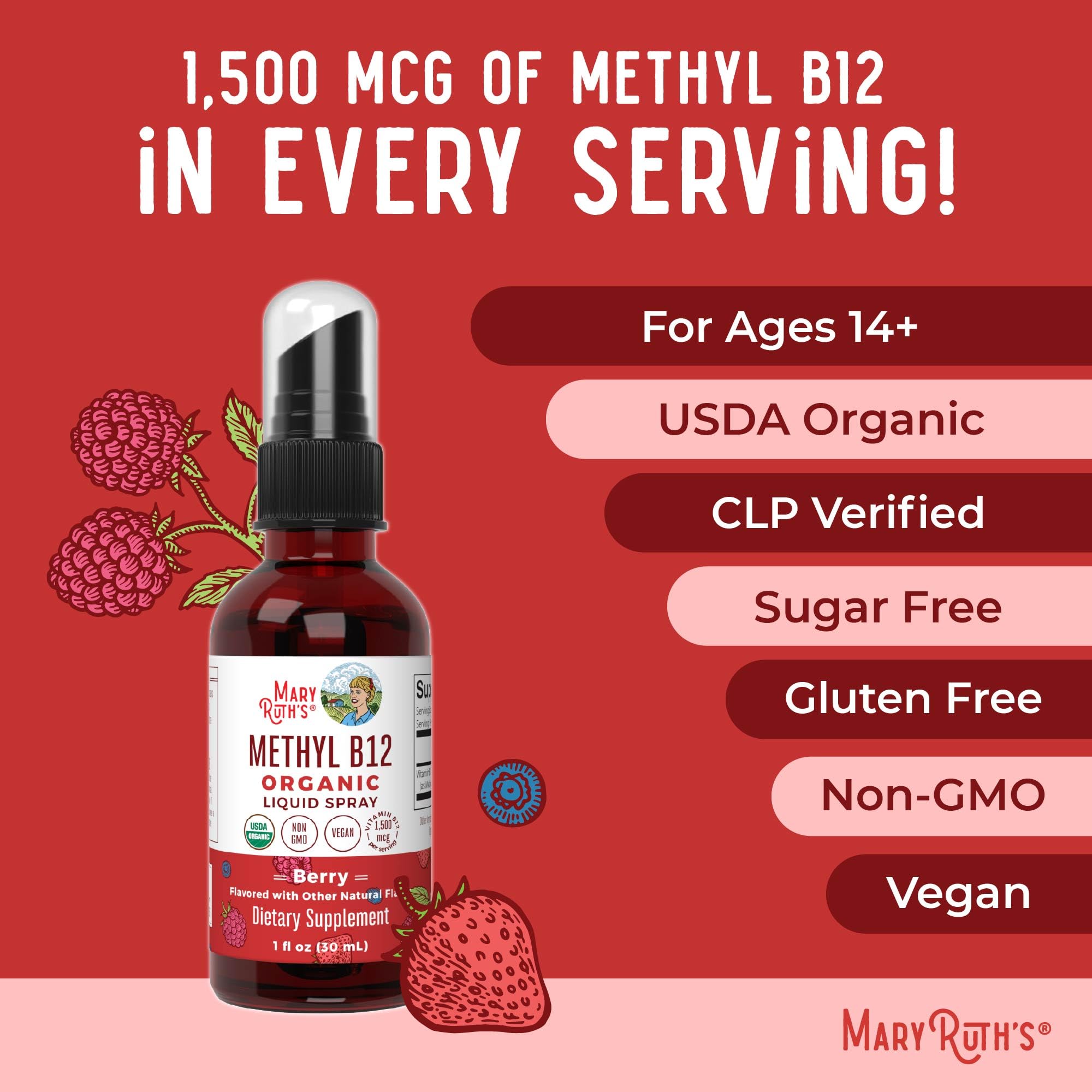 MARYRUTH'S Organic Methyl B12 Spray | 1,500 mcg B12 Per Serving | Methylcobalamin | Energy Metabolism | Cognitive Function | Neuro Health | Vegan | Gluten Free | Sugar Free | 1 Fl Oz