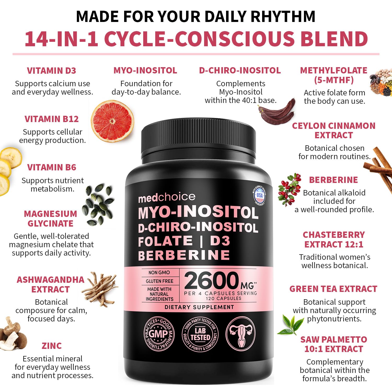 14-in-1 Women’s Inositol Complex Supplement – 40:1 Myo & D-Chiro Inositol with Folate, Vitamin D3, Zinc, Magnesium & Botanicals for Hormone & Feminine Wellness Support – (120 Capsules) (Pack of 1)