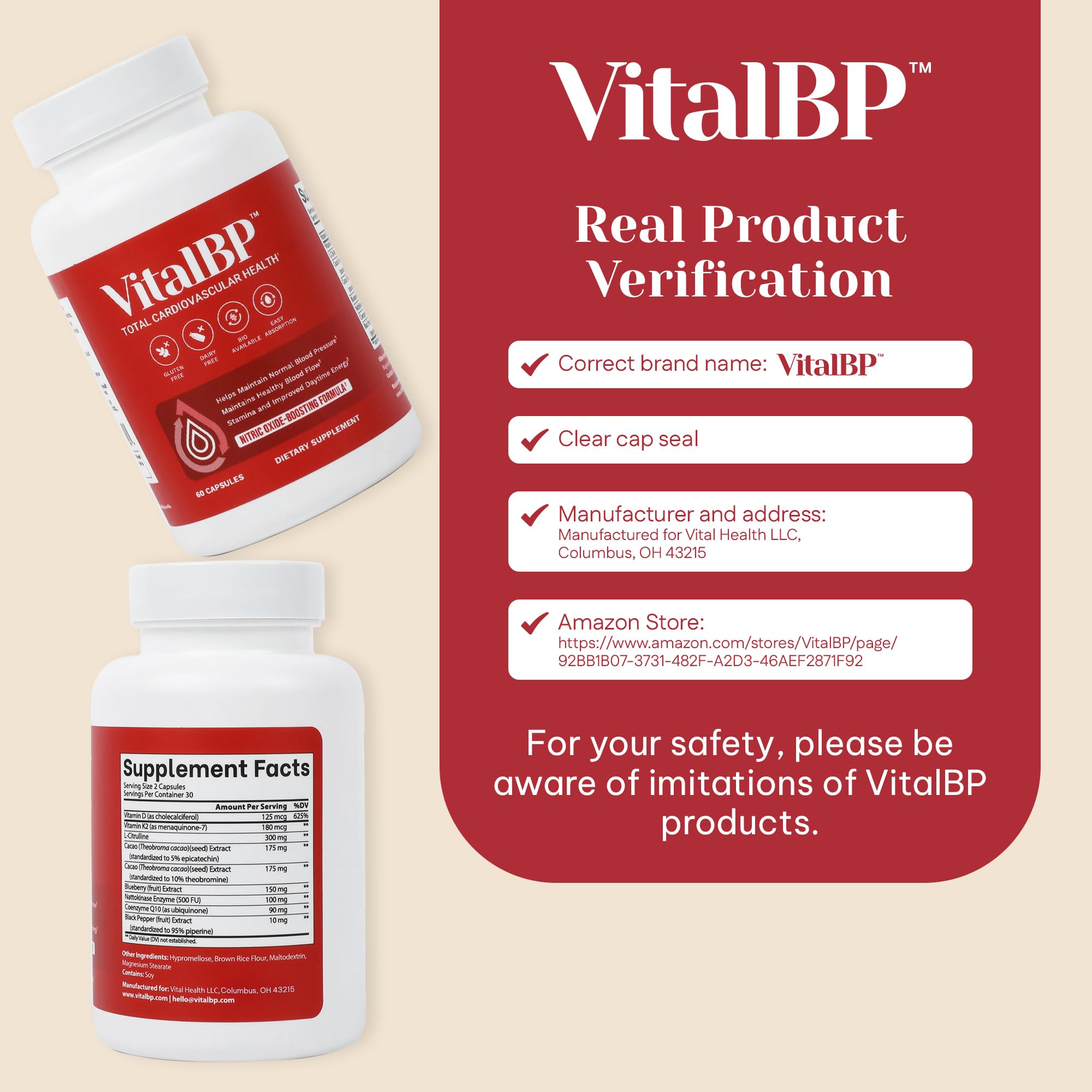 VitalBP - 2 Pack - Support for Normal Blood Pressure - Supports Blood Flow & Arteries - with CoQ10, L-Citrulline, and K2 & D3-60 Capsules
