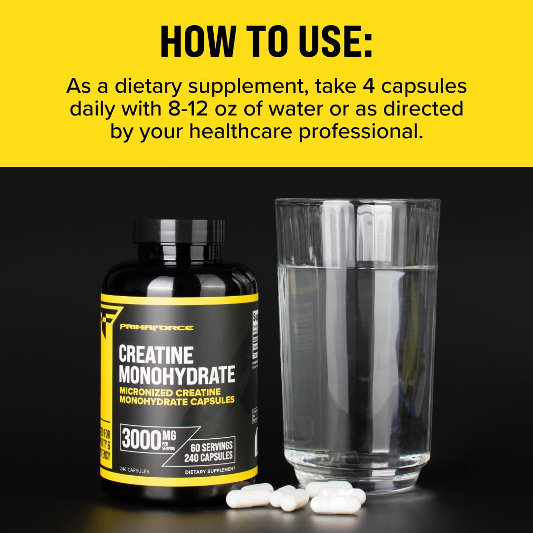 Primaforce Creatine Monohydrate Capsules - 240 Capsules, 3,000mg per Serving, Gluten Free and Non-GMO