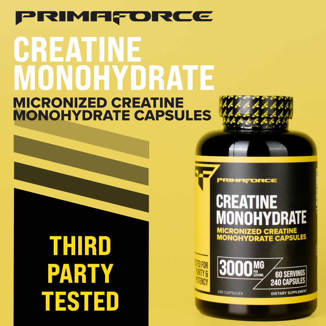 Primaforce Creatine Monohydrate Capsules - 240 Capsules, 3,000mg per Serving, Gluten Free and Non-GMO
