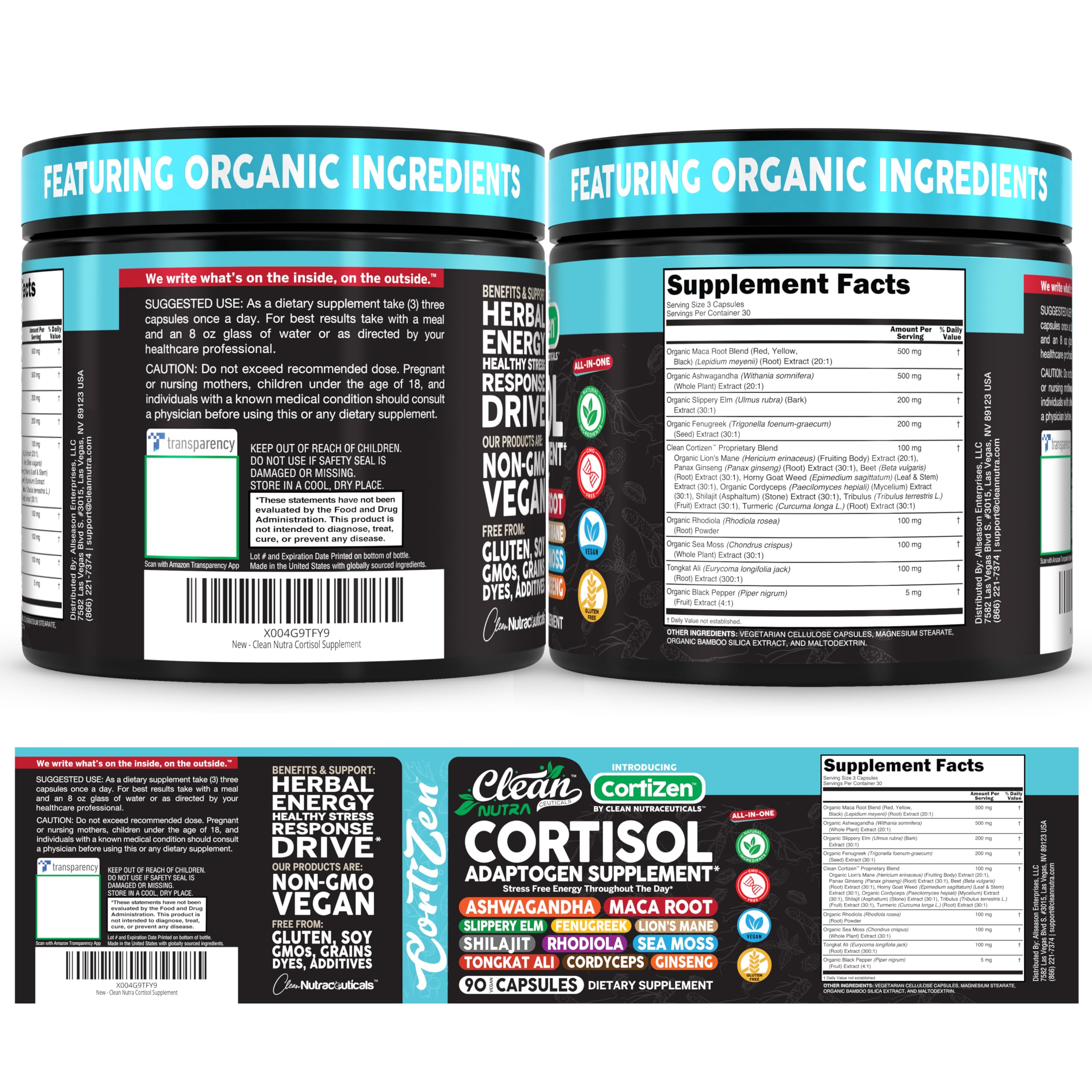Clean Nutra Cortisol Supplements For Women | Maca Root Ashwagandha Cortisol Detox Manager Reducer + Slippery Elm Fenugreek Lions Mane Shilajit Rhodiola Sea Moss Tongkat Ali Cordyceps Ginseng Beet Root