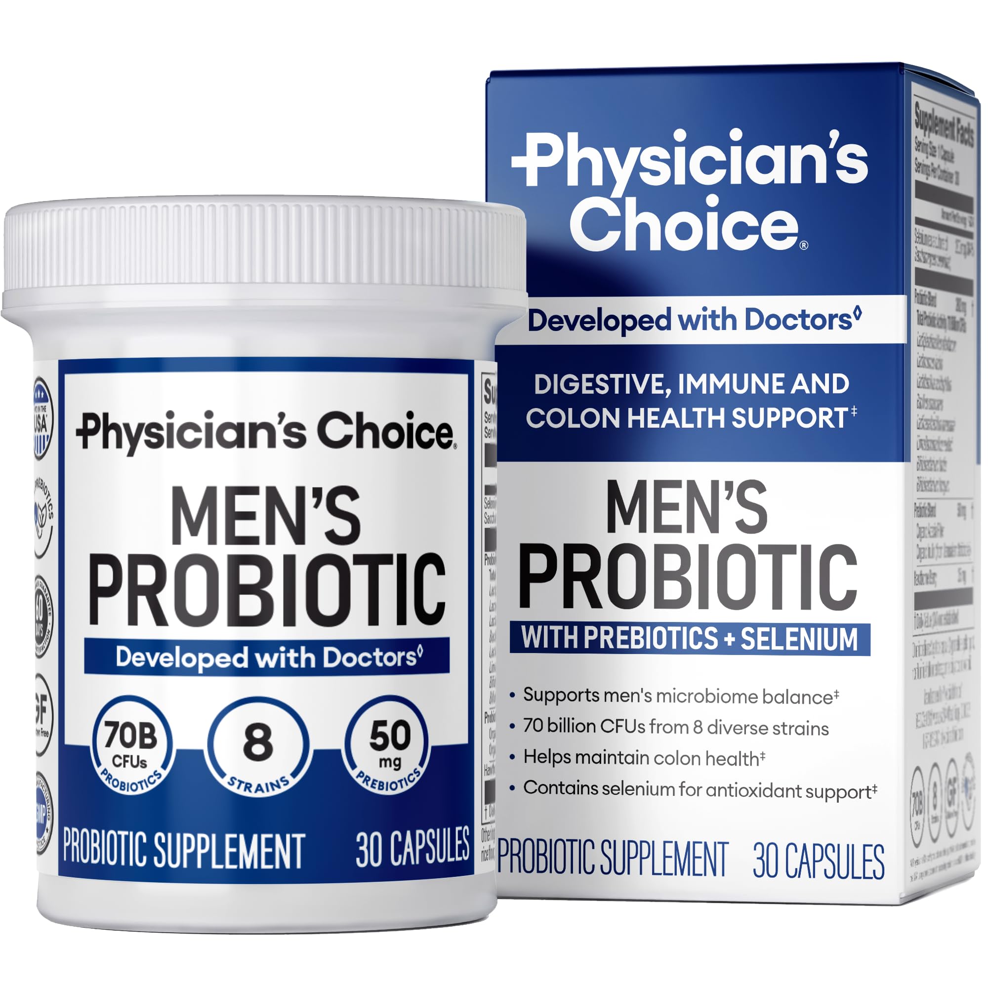 Physician's Choice Probiotics for Men - 70 Billion CFU - 8 Strains - w/Selenium & Organic Prebiotics - Supports Digestive Health, Microbiome, Colon, & Immune Health - Advanced Men's Probiotic - 30ct