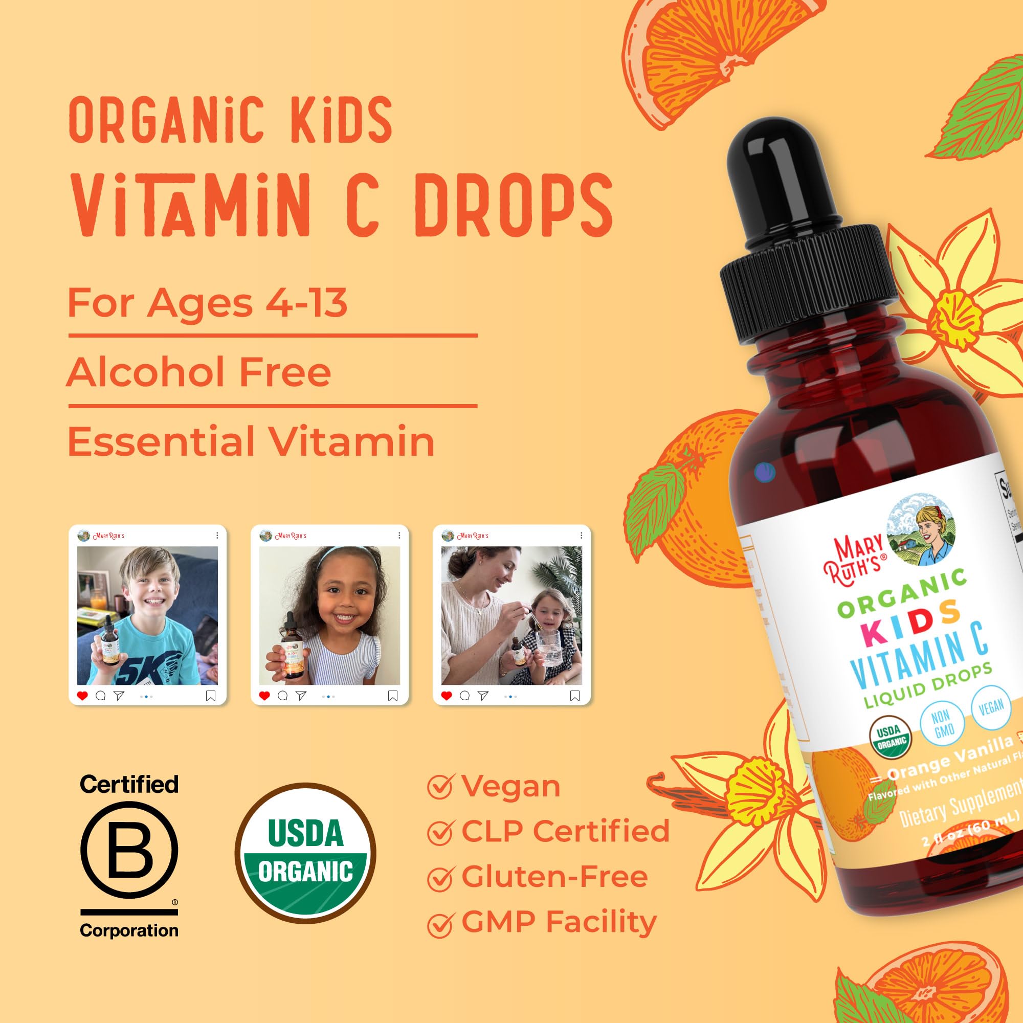 MaryRuth Organics USDA Kids Vitamin C Drops | Vegan Immune Support Supplement for Ages 4-13 | Immune Support & Overall Health | Vitamin C from Organic Acerola Fruit Extract | 2oz