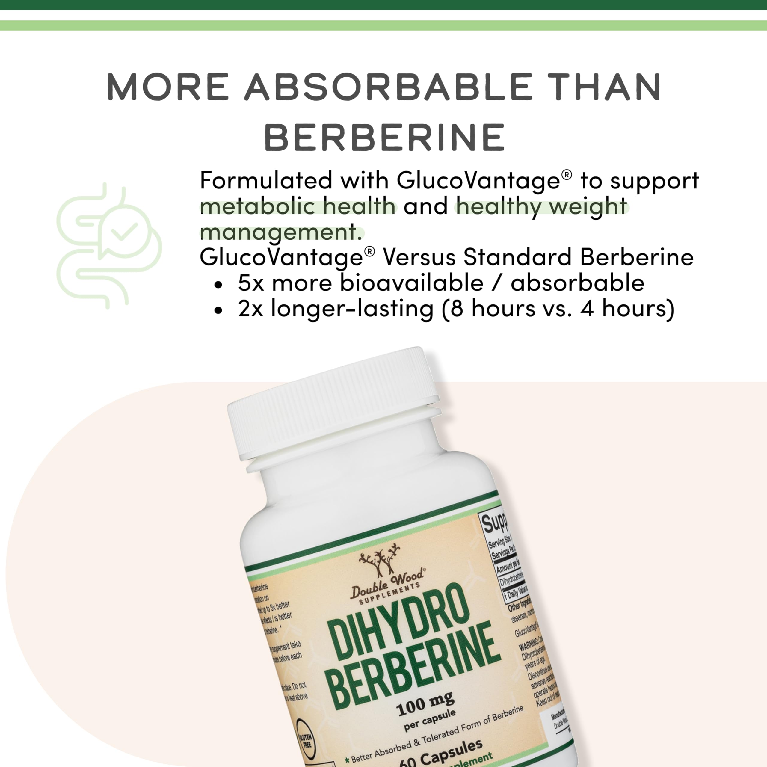 Dihydroberberine Supplement 100mg, 60 Capsules (Patented GlucoVantage Super Berberine, May be 5X More Effective Than Berberine with Less Side Effects) Third Party Tested, Vegan Safe by Double Wood