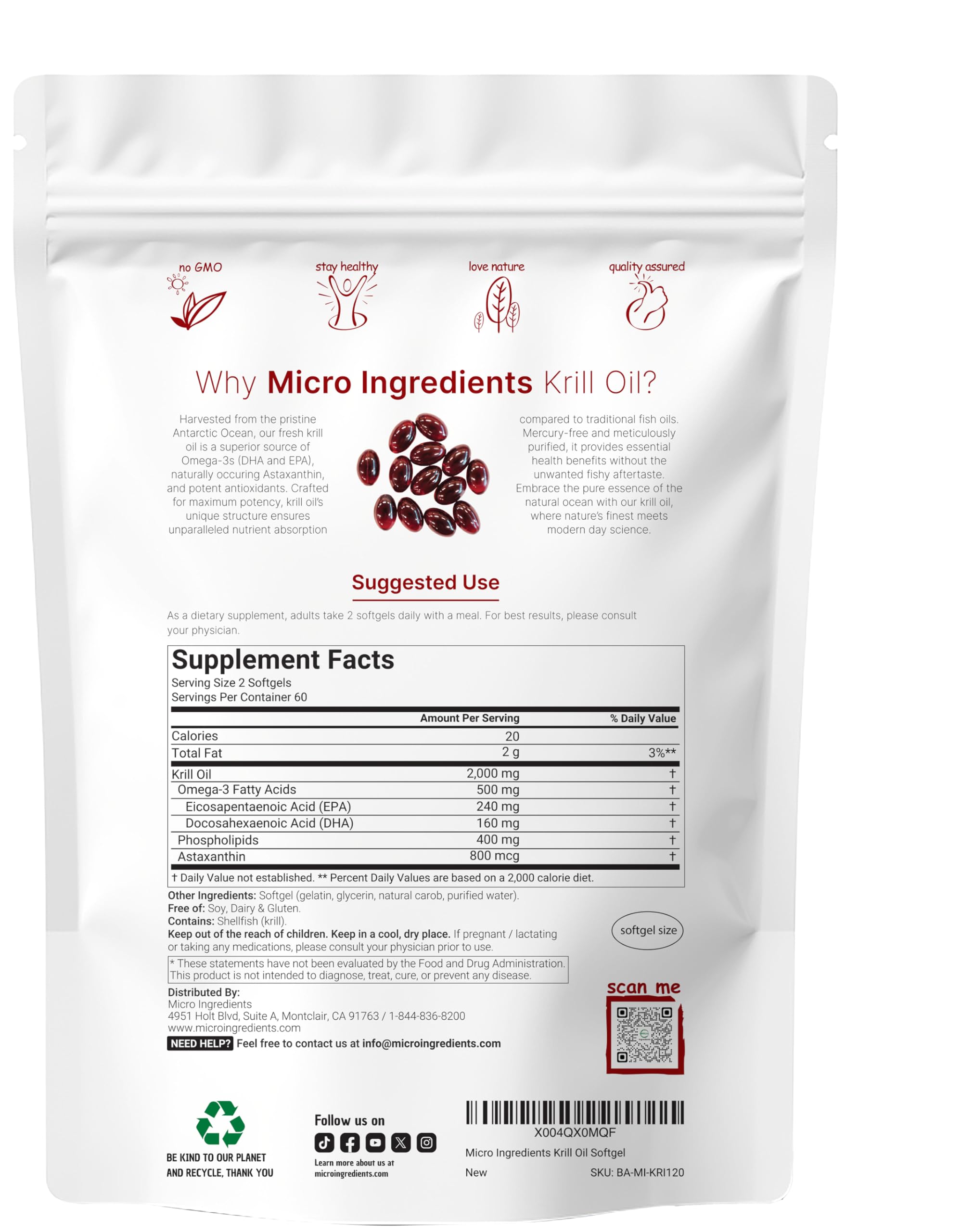 Micro Ingredients Antarctic Krill Oil Supplement, 2,000mg Per Serving, 120 Softgels, Triple Strength, Rich in Omega-3s EPA, DHA & Natural Astaxanthin, Supports Immune System & Brain Health