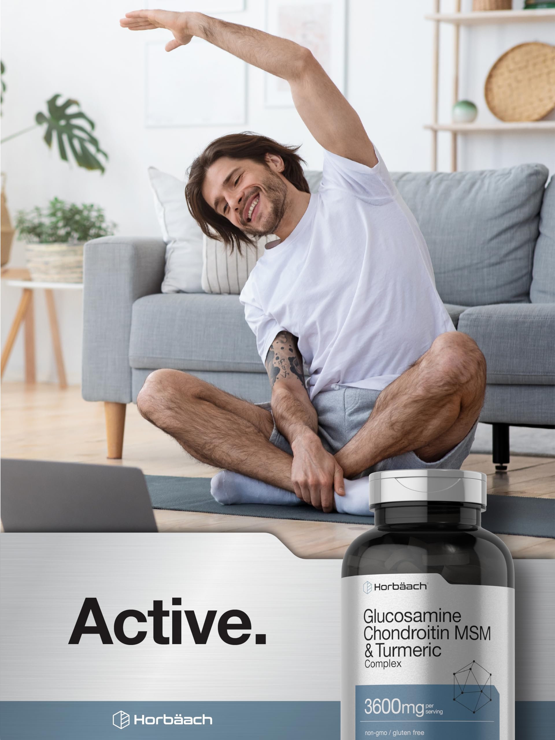 Horbäach Glucosamine Chondroitin MSM | 360 Caplets | Advanced Formula with Turmeric | Non-GMO, Gluten Free