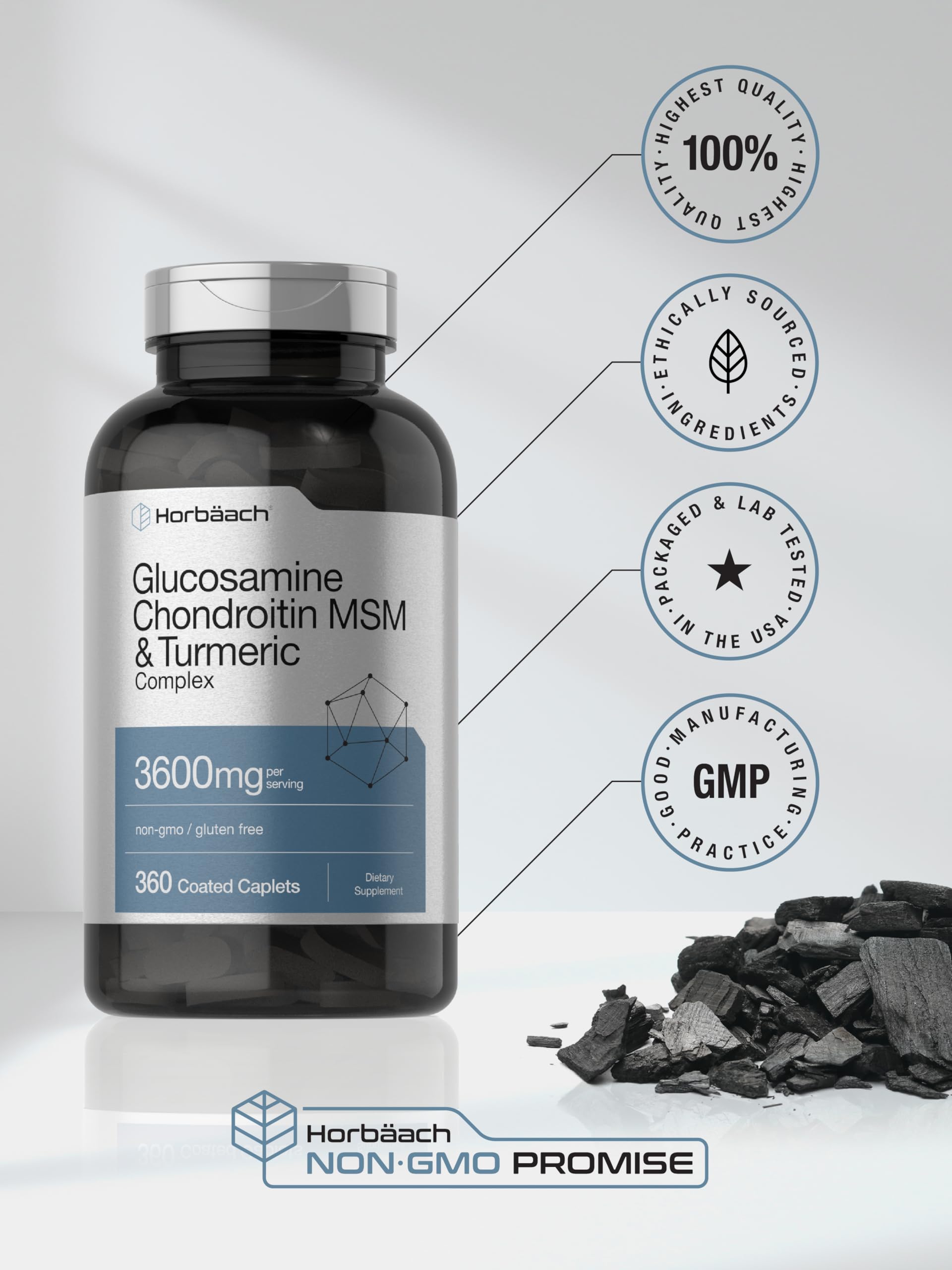 Horbäach Glucosamine Chondroitin MSM | 360 Caplets | Advanced Formula with Turmeric | Non-GMO, Gluten Free