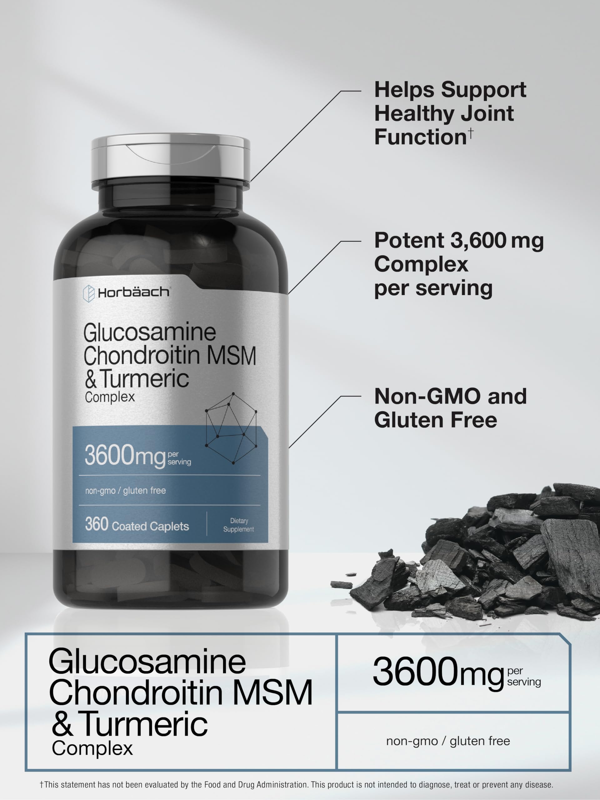 Horbäach Glucosamine Chondroitin MSM | 360 Caplets | Advanced Formula with Turmeric | Non-GMO, Gluten Free