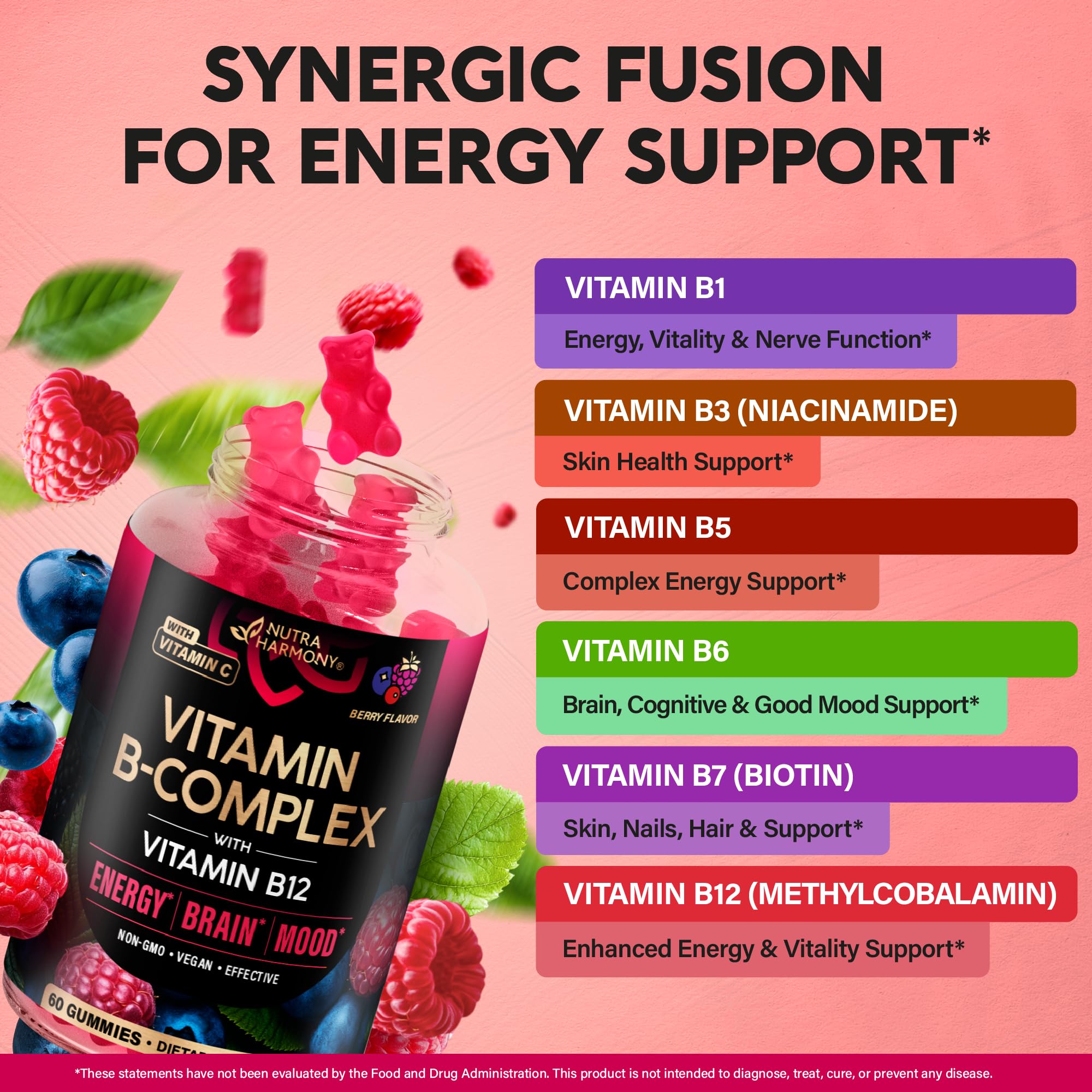 Vitamin B-Complex Gummies for Women & Men - Vitamin B12, B1, B2, B3, B5, B6, B7 & B9 - B Complex with Vitamin C & Choline - Energy, Brain & Mood - Natural Berry Flavor, Vegan - 60 Gummies for 2 Months