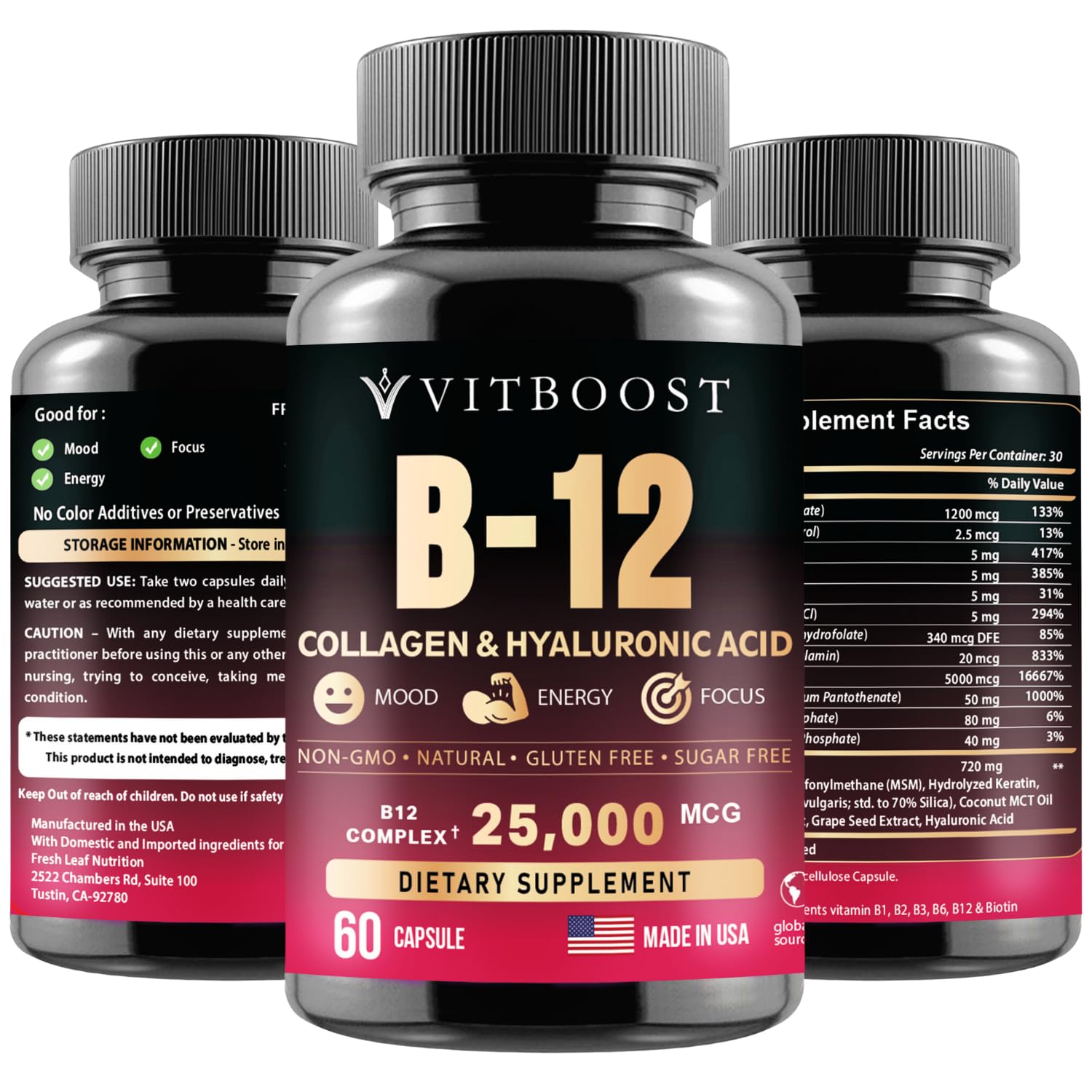 VITBOOST B12 Methylcobalamin with Hyaluronic Acid, Collagen, and Folate – 25000 mcg Supplement Enhance Absorption & Boost Energy | Gluten-Free, Made in USA, B1, B2, B3, B6, B7 Complex - Pack of 2