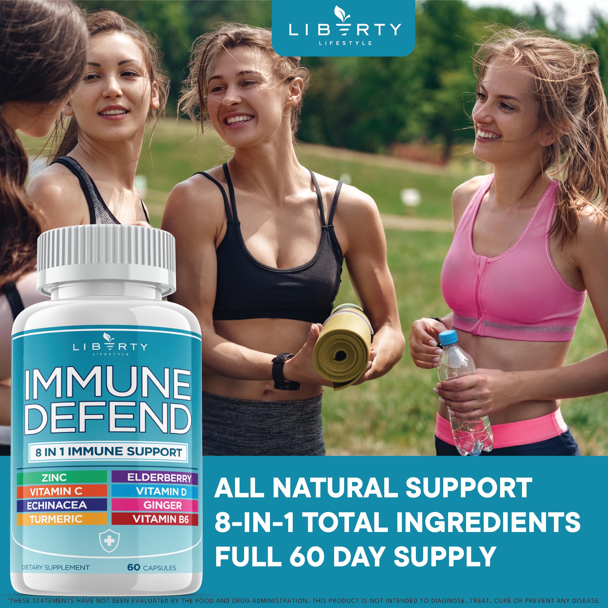 Liberty Lifestyle 8 in 1 Immune Supplement with Echinacea, Vitamin C and Zinc 50mg, Vitamin D 5000 IU, Turmeric Curcumin & Ginger, B6, Elderberry, 60 Capsules