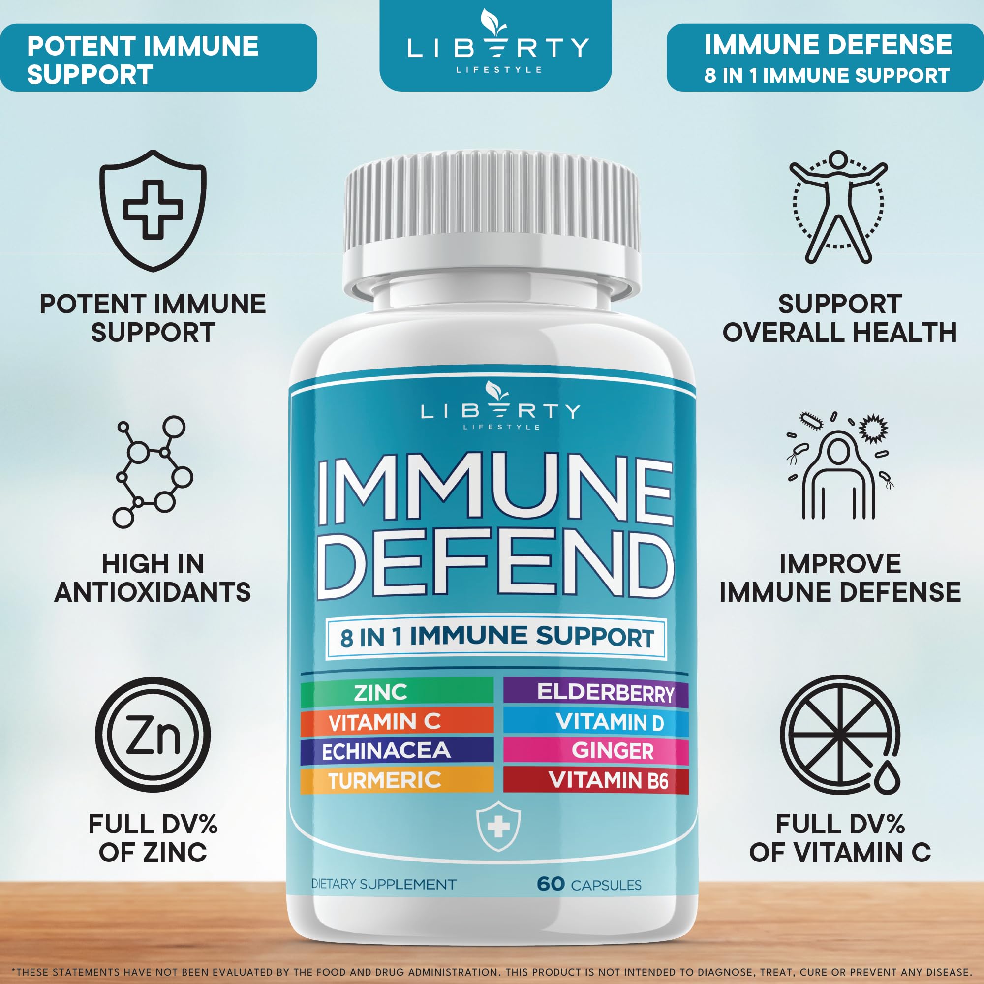 Liberty Lifestyle 8 in 1 Immune Supplement with Echinacea, Vitamin C and Zinc 50mg, Vitamin D 5000 IU, Turmeric Curcumin & Ginger, B6, Elderberry, 60 Capsules