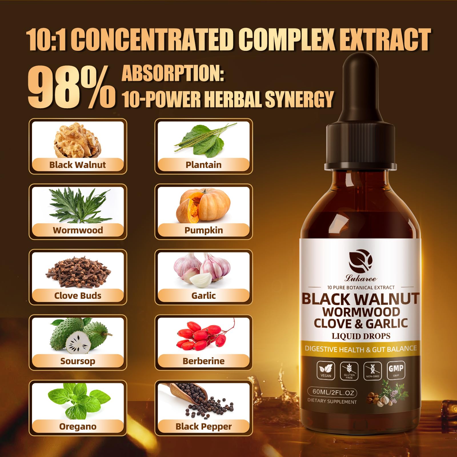Lukaree Wormwood Black Walnut Clove Cleanse for Humans Tincture – Rapid Gut Detox & Digestive Health with Garlic Pumpkin Seeds Soursop Oregano, 10:1 Ultra-Concentrated Liposomal Tech 98% Absorption