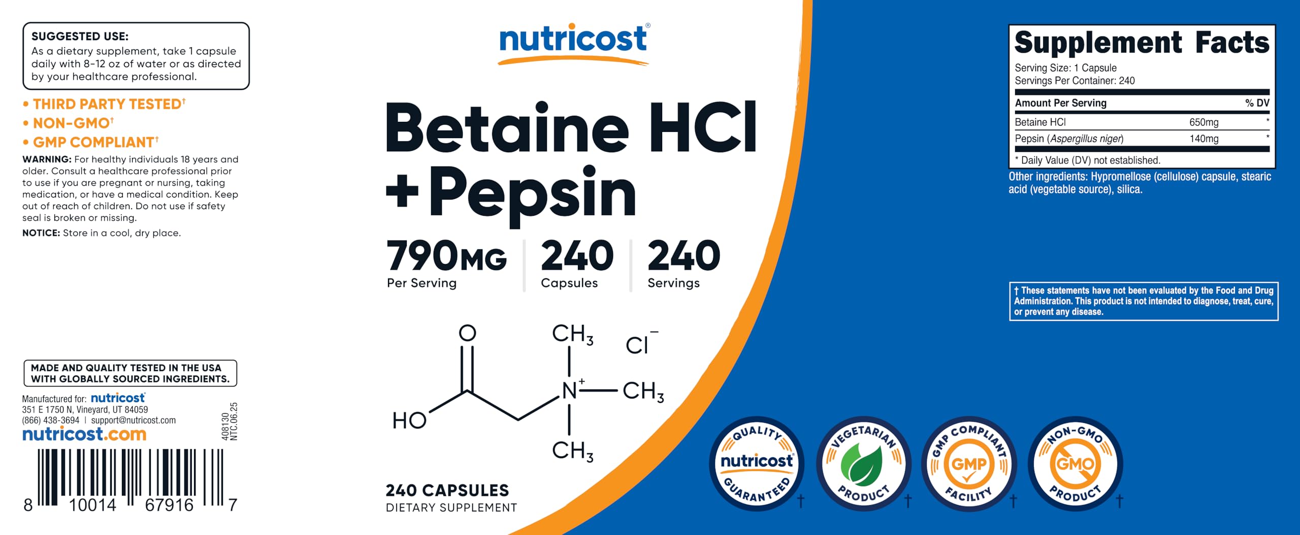 Nutricost Betaine HCl + Pepsin 790mg, 240 Capsules - Vegetarian & GMO Free