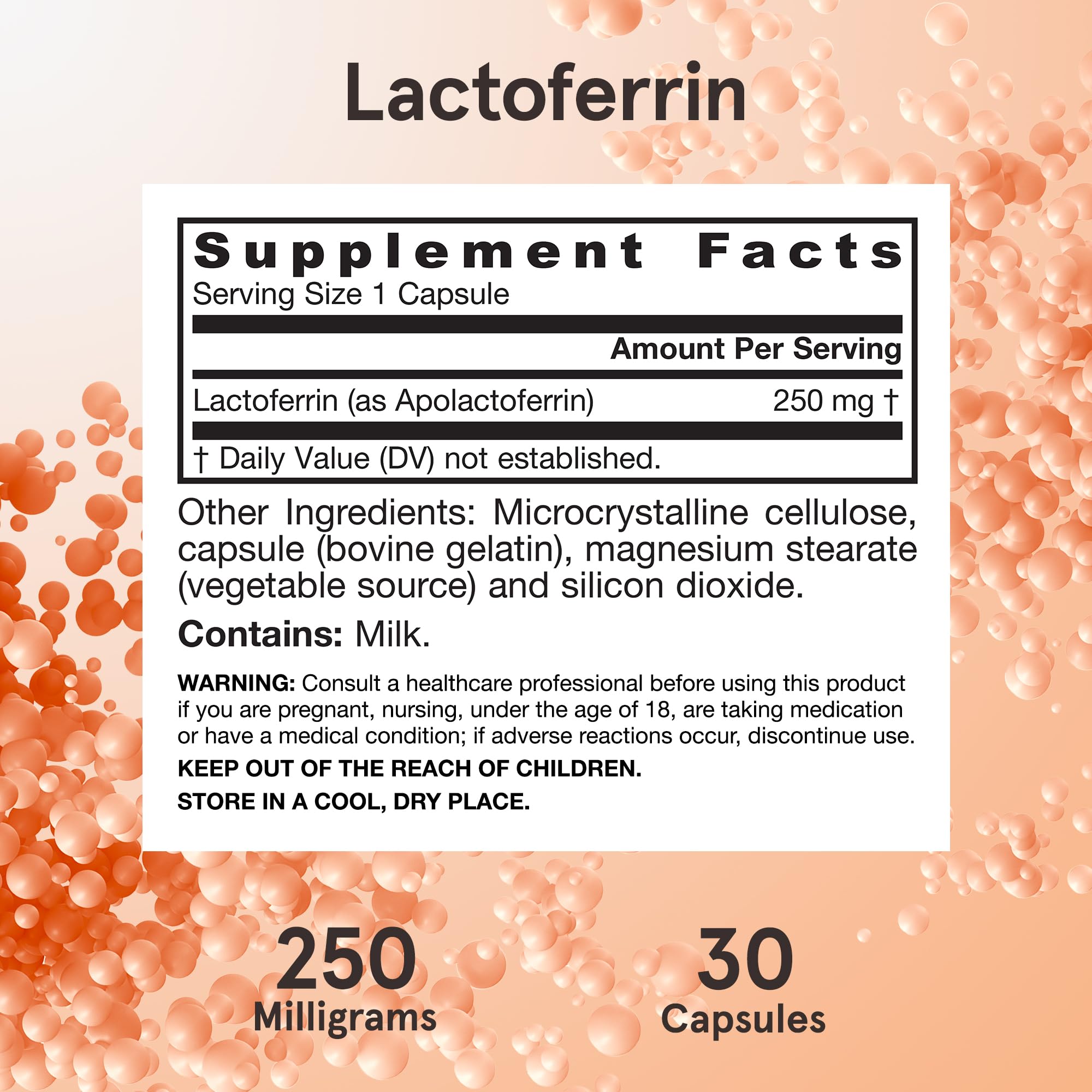 Jarrow Formulas Lactoferrin Supplements 250 mg - Immune-Supporting Glycoprotein for Healthy Immune System Support & Iron Absorption - Freeze Dried, Gluten Free, Non-GMO - 30 Capsules (Servings)