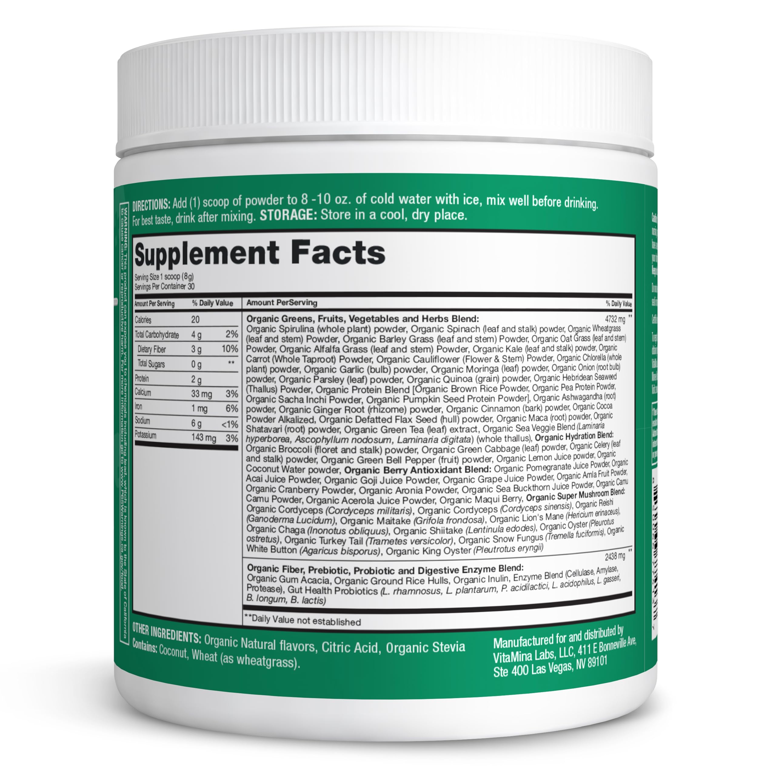 Zena Nutrition Organic Super Greens Powder, 70+ Superfoods, 0 Sugar, 3G Fiber, Spirulina, Chlorella, Mushrooms, Prebiotics/Probiotics, Digestive Enzymes for Gut Health, Mango, 30 Servings