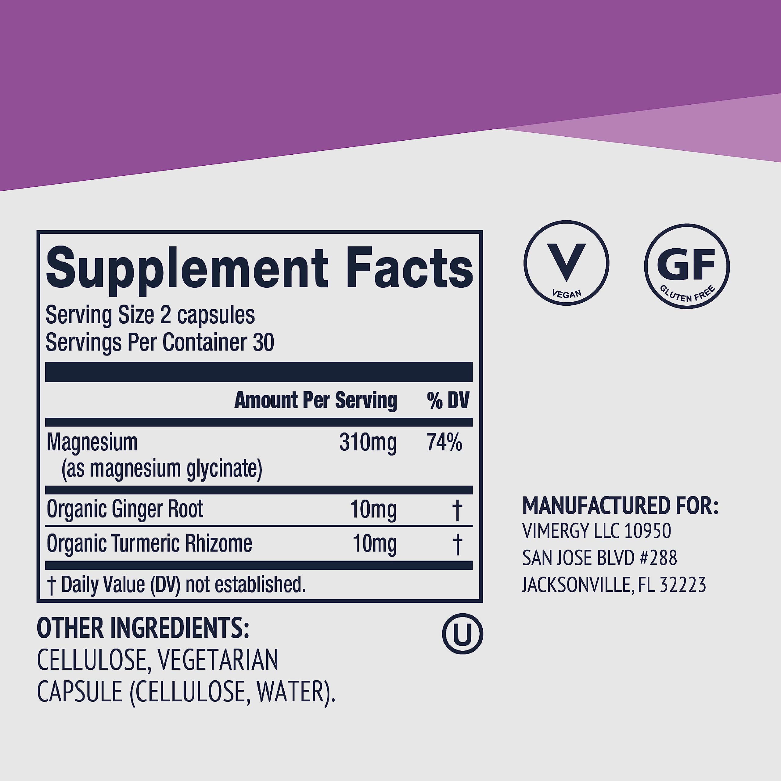 VIMERGY Magnesium Glycinate – Stress Support – Chelated to Avoid Tummy Upset*– Promotes Heart Health & Energy*– Kosher, Vegan Gluten-Free – 60 Caps