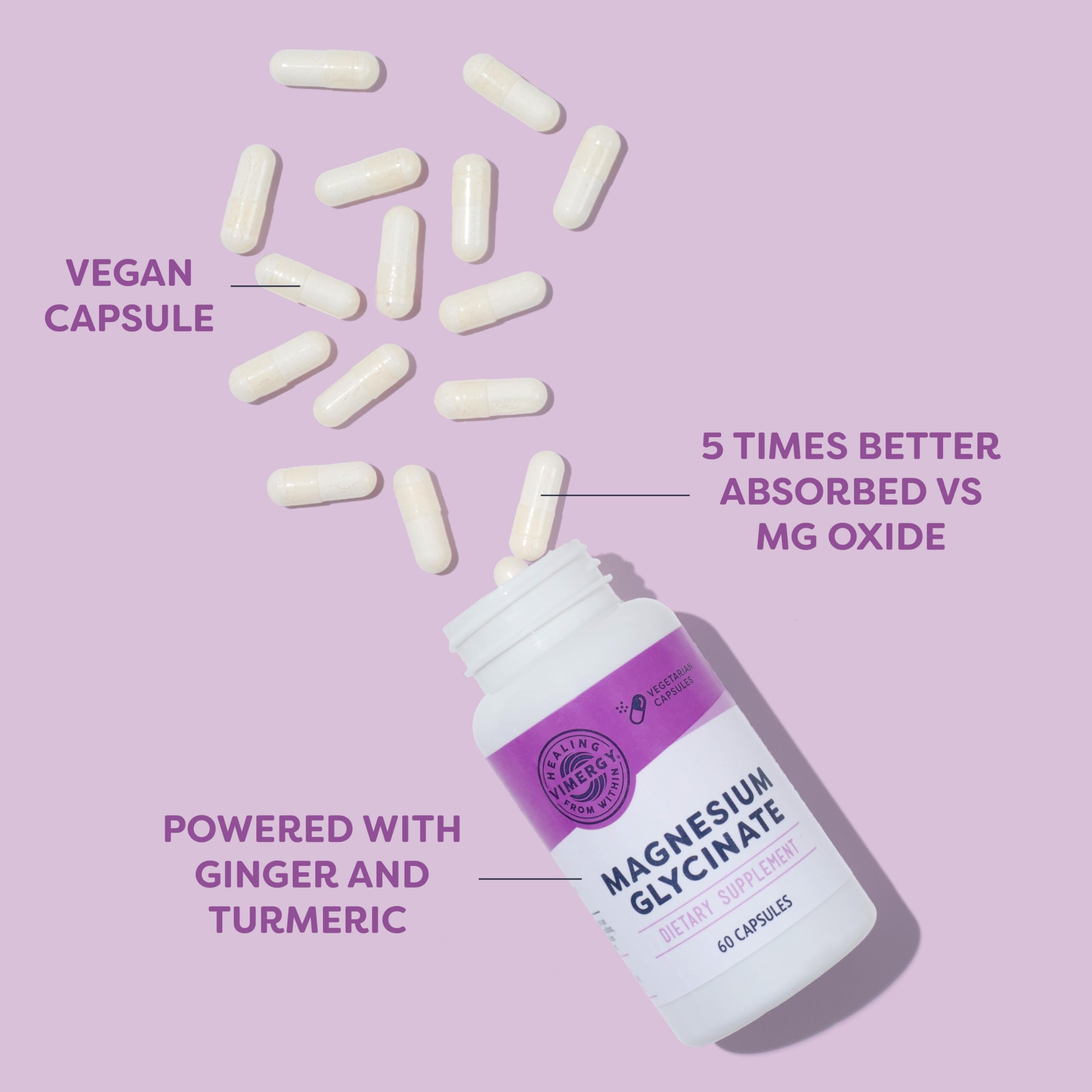 VIMERGY Magnesium Glycinate – Stress Support – Chelated to Avoid Tummy Upset*– Promotes Heart Health & Energy*– Kosher, Vegan Gluten-Free – 60 Caps