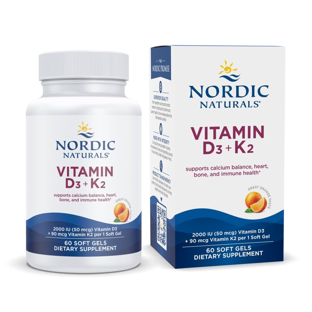 Nordic Naturals Vitamin D3 + K2, Orange Taste - 60 Soft Gels - Synergistic Support for Bones, Immune Function & Calcium Balance - Non-GMO - 60 Servings