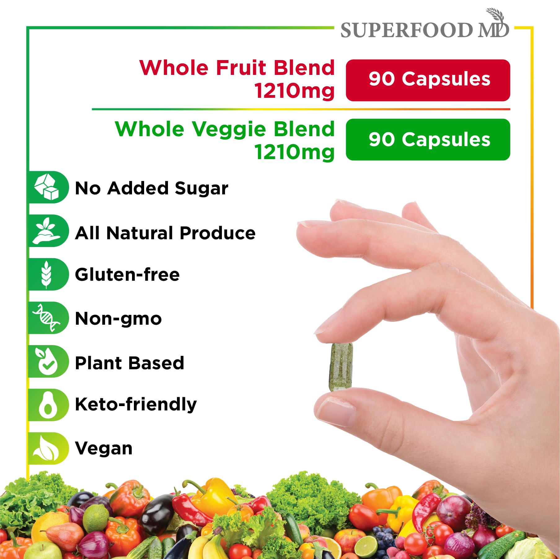 Superfood MD Fruits & Veggies Supplement - Whole Food Natural Superfoods - with Beta Carotene - Soy Free- 90 Count (Pack of 2)