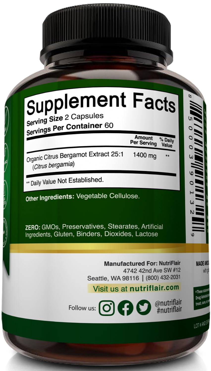 NutriFlair Organic Citrus Bergamot 1400mg, 120 Capsules - 25:1 Bergamia - Essential Oil and Citrus Bioflavonoids - Natural Heart Health Supplements for Women and Men - Non-GMO Pills