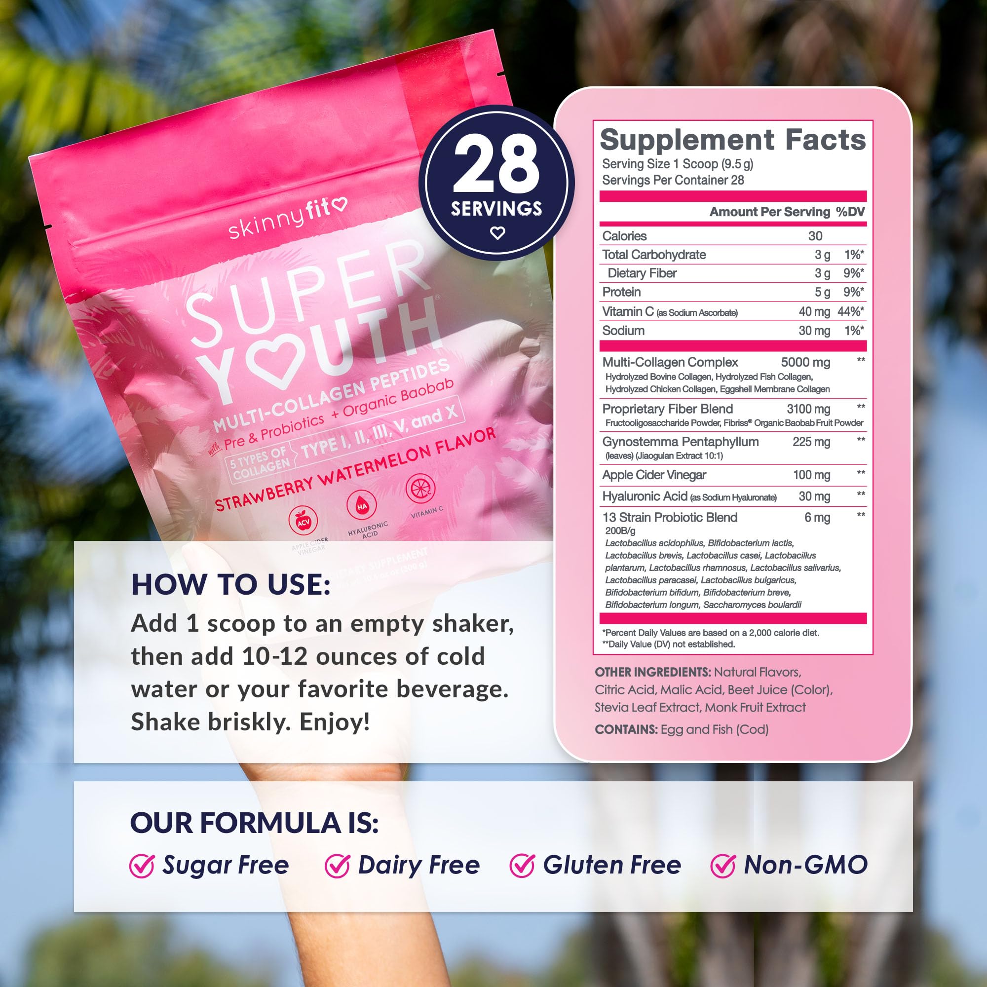 SkinnyFit - Super Youth Collagen for Women - Multi Collagen Peptides Powder - Probiotics, Fiber, Hyaluronic Acid - Non GMO, Gluten Free, Sugar Free - Beauty - Strawberry Watermelon (28 Servings)