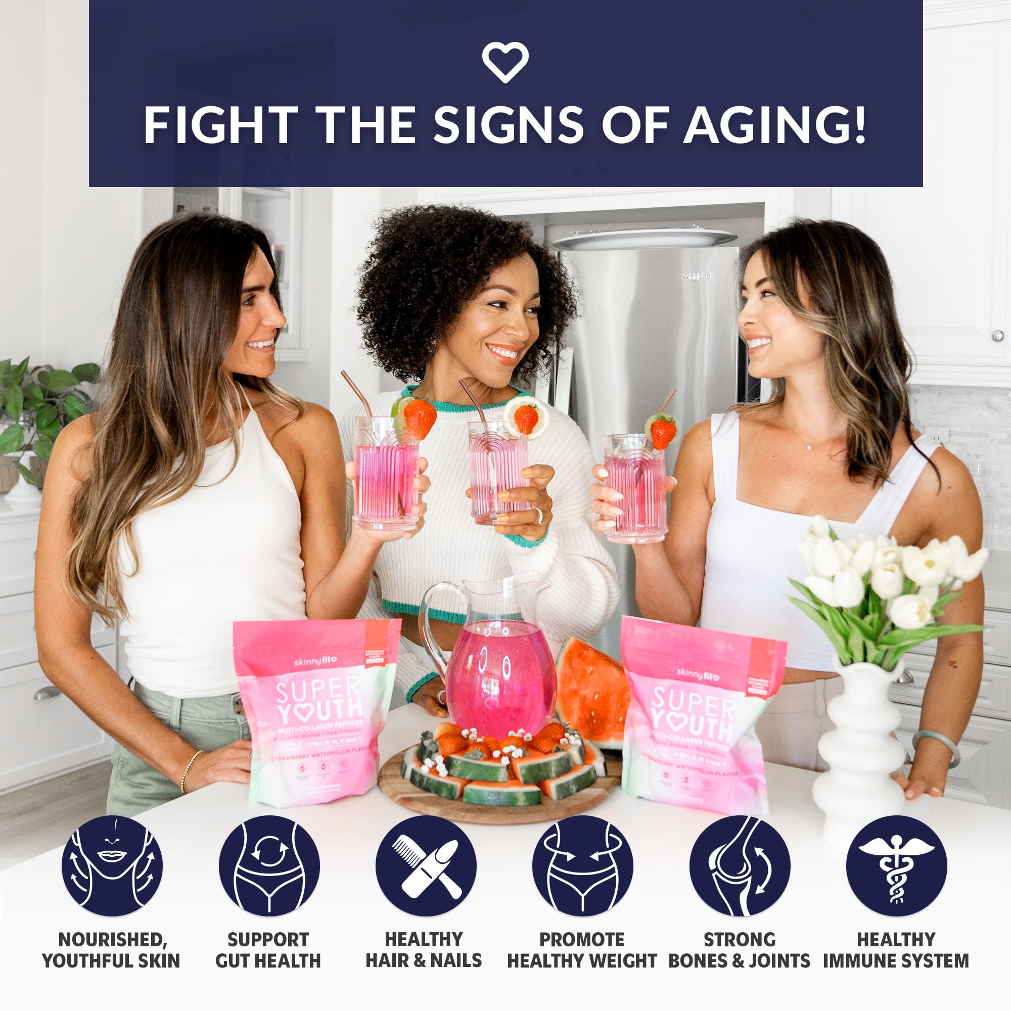 SkinnyFit - Super Youth Collagen for Women - Multi Collagen Peptides Powder - Probiotics, Fiber, Hyaluronic Acid - Non GMO, Gluten Free, Sugar Free - Beauty - Strawberry Watermelon (28 Servings)