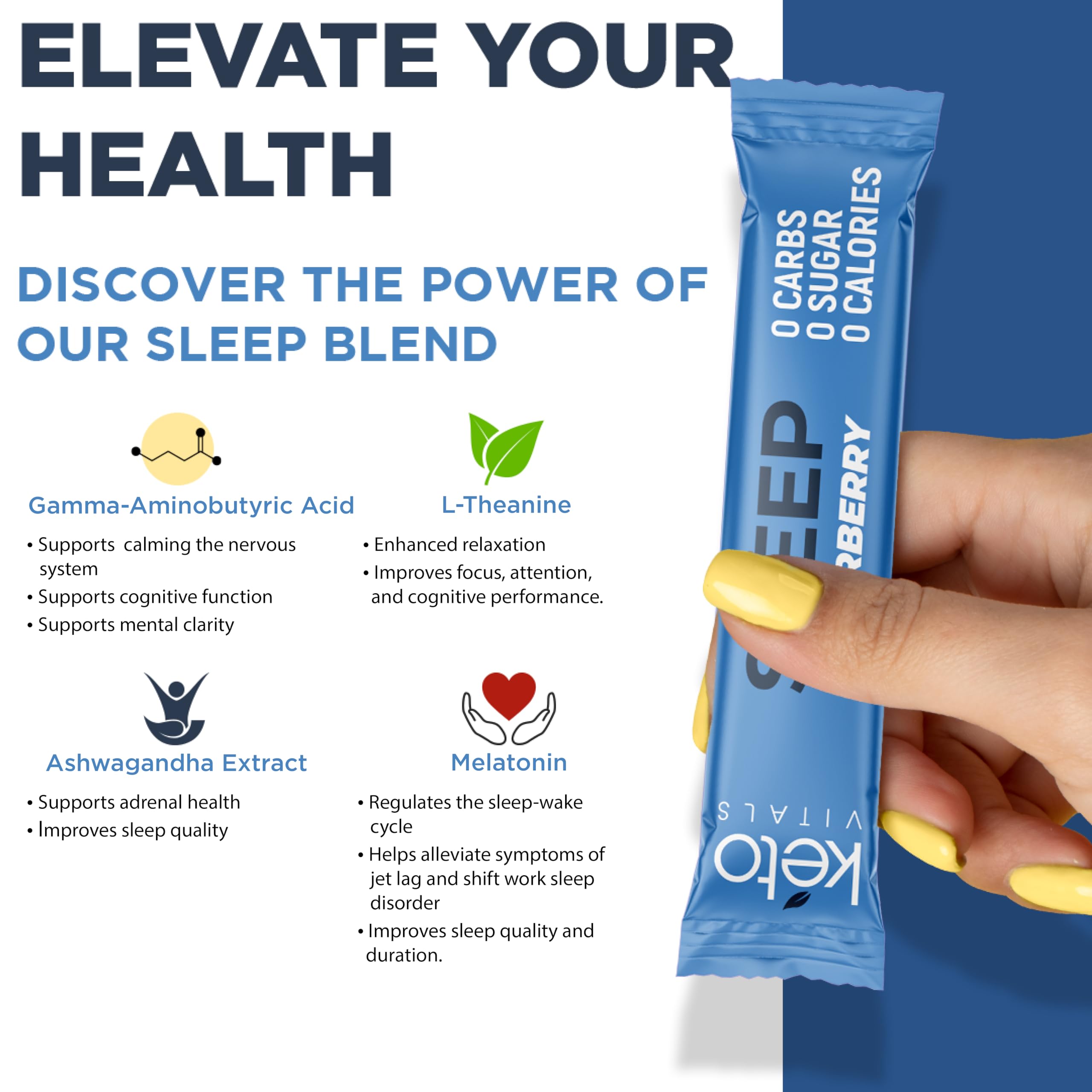 Keto Vitals Sleep Drink Electrolyte Sleep Powder Packets - Fast-Acting Sleep Blend of Melatonin 3mg, GABA, L-Theanine, & Ashwagandha - Elderberry, 30 Count