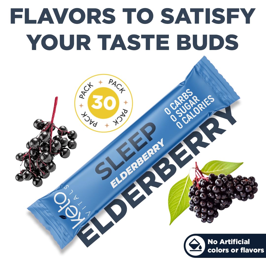 Keto Vitals Sleep Drink Electrolyte Sleep Powder Packets - Fast-Acting Sleep Blend of Melatonin 3mg, GABA, L-Theanine, & Ashwagandha - Elderberry, 30 Count