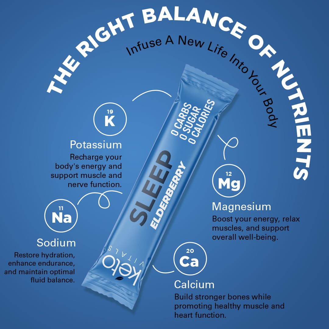 Keto Vitals Sleep Drink Electrolyte Sleep Powder Packets - Fast-Acting Sleep Blend of Melatonin 3mg, GABA, L-Theanine, & Ashwagandha - Elderberry, 30 Count