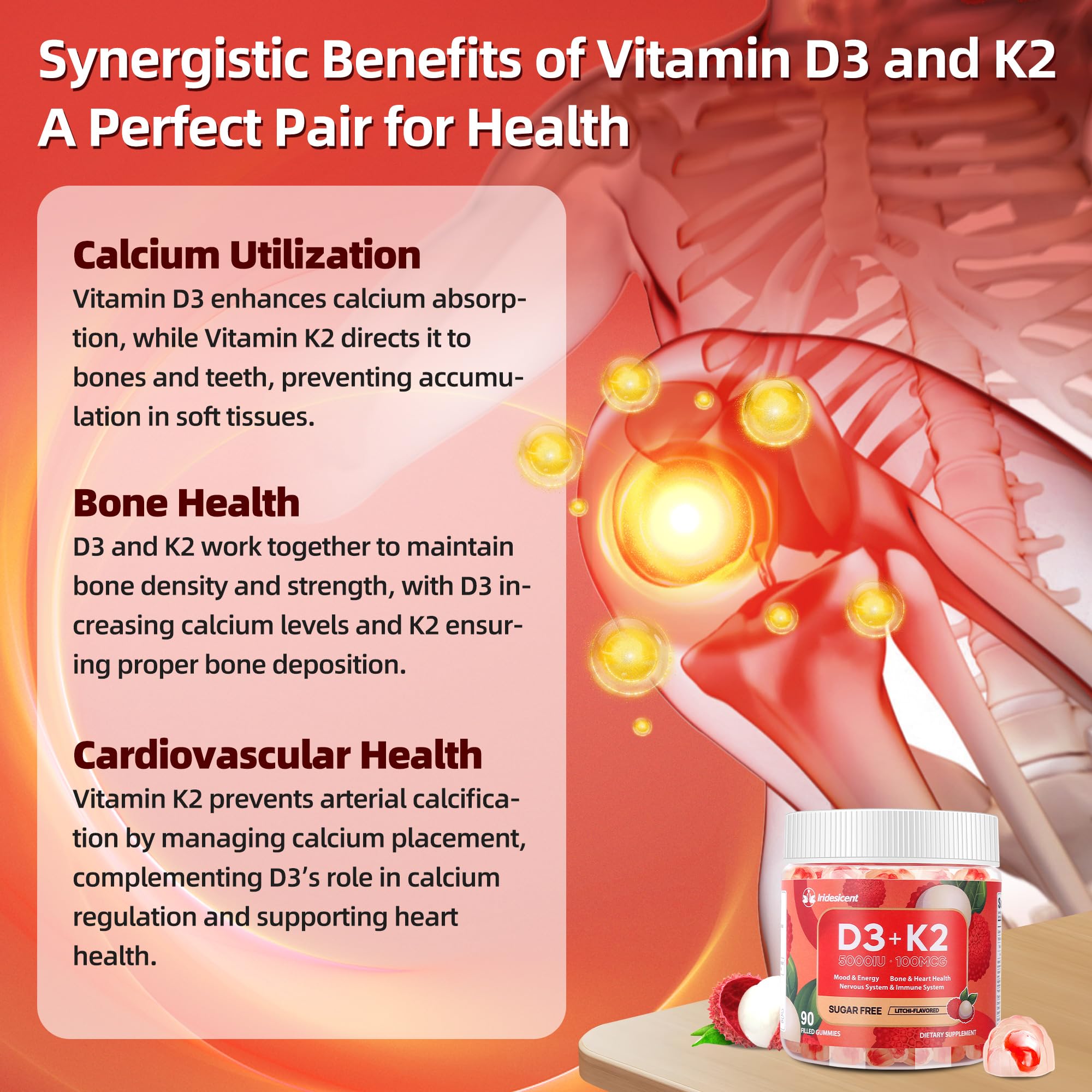 Vitamin D3 K2 Gummies w/Magnesium Sugar Free - 90 Count | D3 Vitamin 5,000 IU + K2(MK-7) 100 mcg - Vegan K2 D3 Vitamin Supplement, Highly Absorbent Supports Bone, Muscle, Mood & Immune(Lychee Flavor)