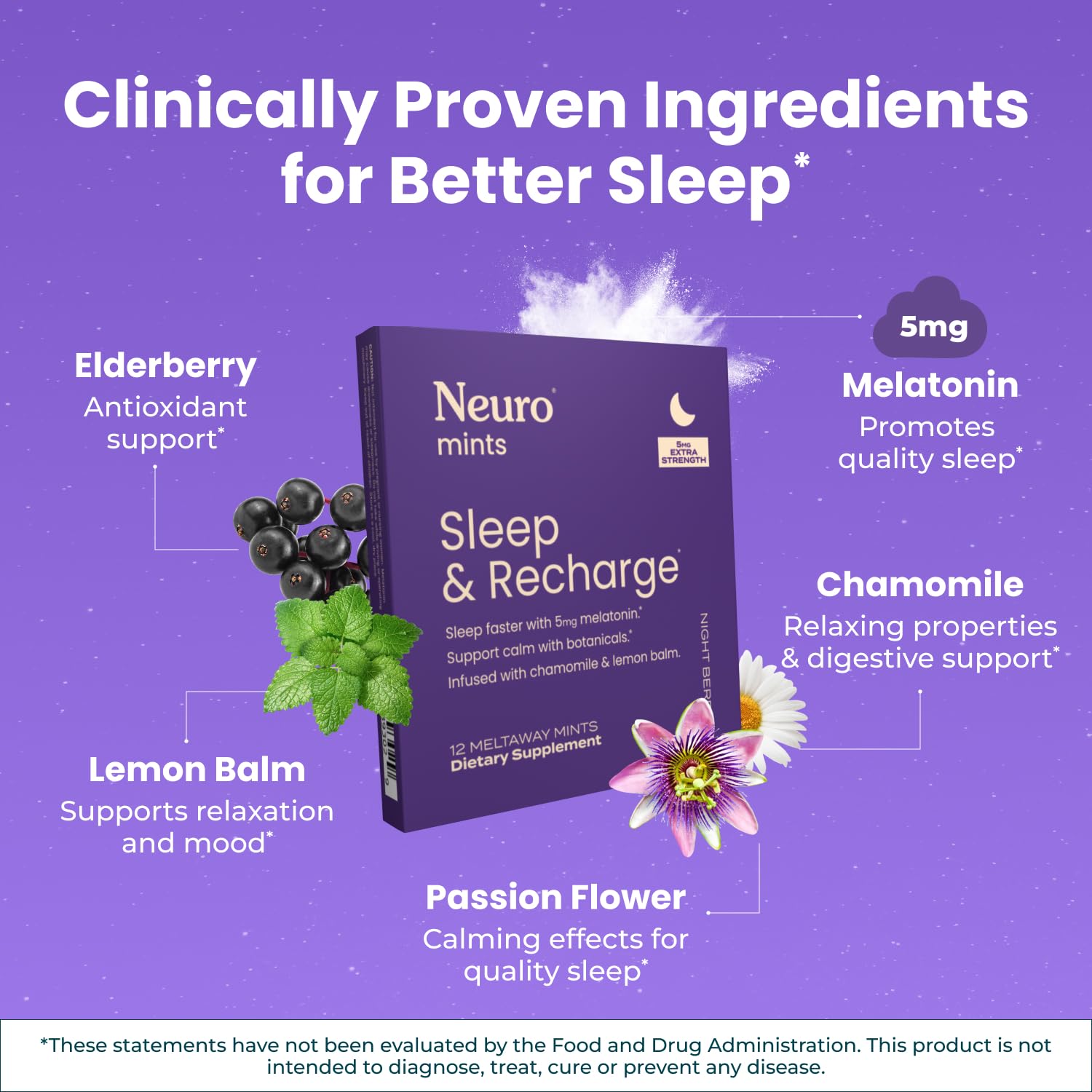Neuro Sleep & Recharge Meltaway Mints - Contains Melatonin 5mg, Chamomile & Elderberry - Travel Aid for Nighttime Relaxation & Healthy Sleep Cycle - Night Berry 72, ct