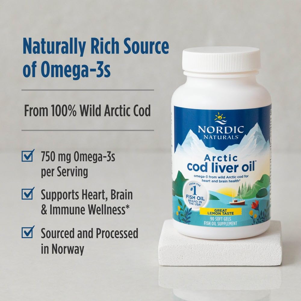 Nordic Naturals Arctic Cod Liver Oil, Lemon - 180 Soft Gels - 750 mg Total Omega-3s with EPA & DHA - Heart & Brain Health, Healthy Immunity, Overall Wellness - Non-GMO - 60 Servings