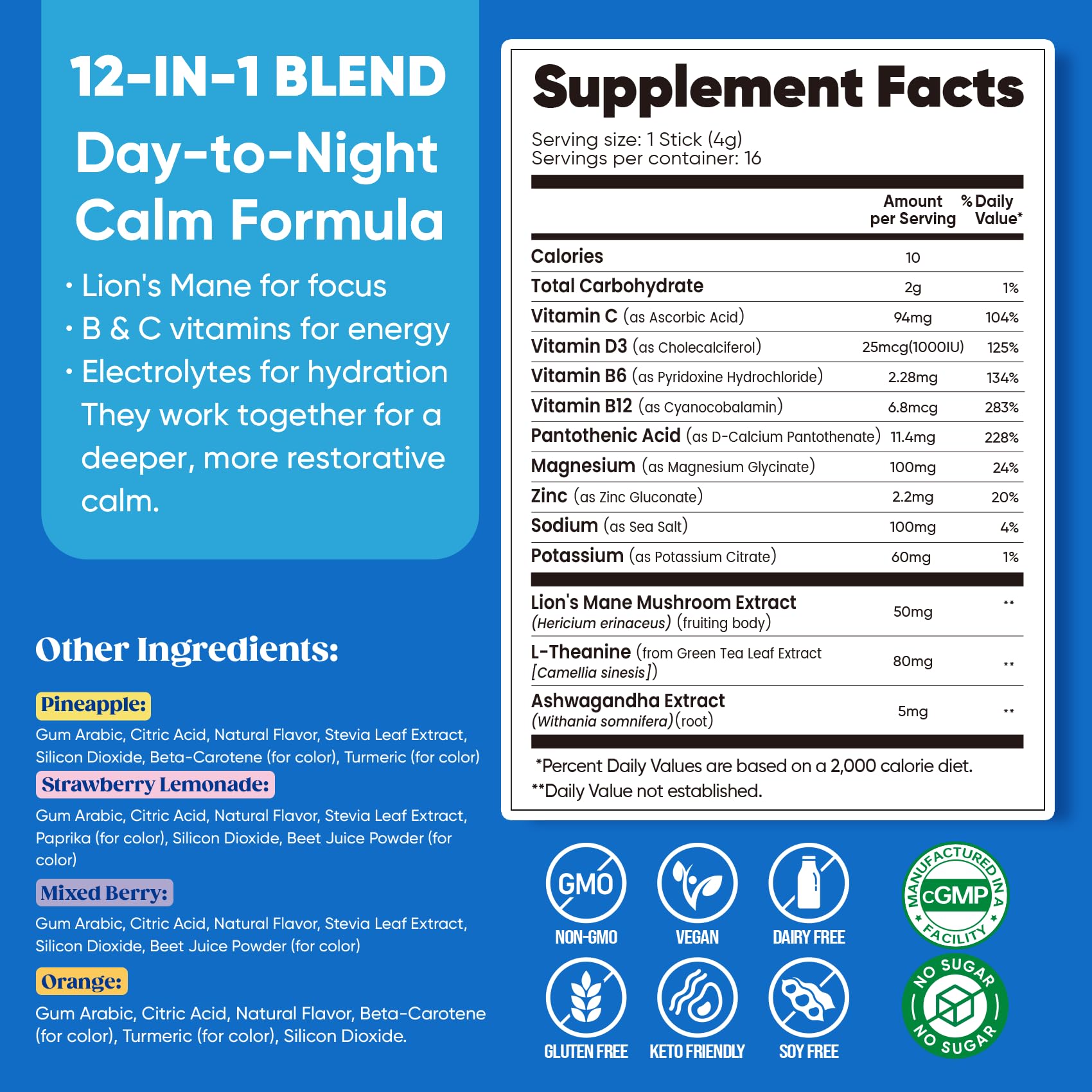 Venture Pal Calm Drink Mix, Cortisol Reducer and Sleep Aid with Magnesium Glycinate, Ashwagandha, L-Theanine,Vitamin D, Calm Magnesium Powder for Relax & Focus, No Sugar, Non GMO, Vegan & Gluten-Free