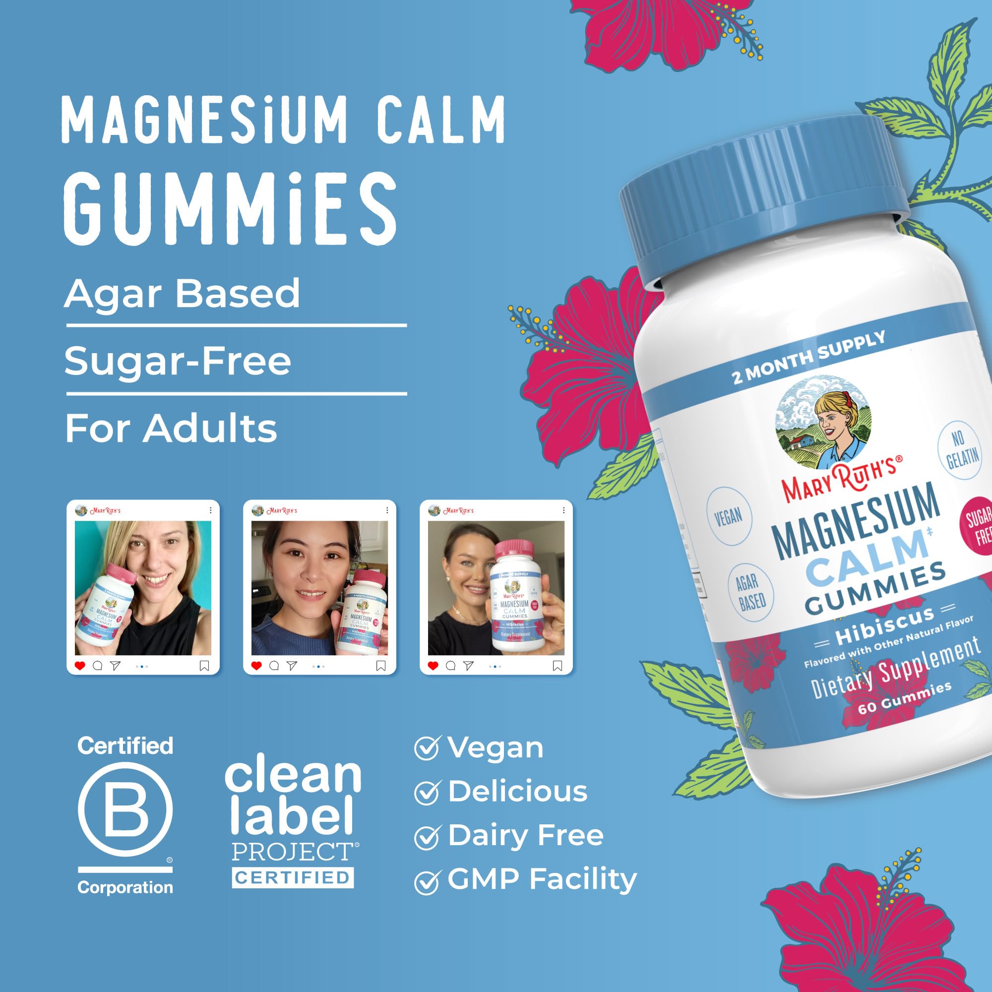 MaryRuth Organics Calm Magnesium Citrate Gummies | 2 Month Supply | Sugar Free | Magnesium Supplement for Adults | Stress Relief | Bone Health | Vegan | 60 Count