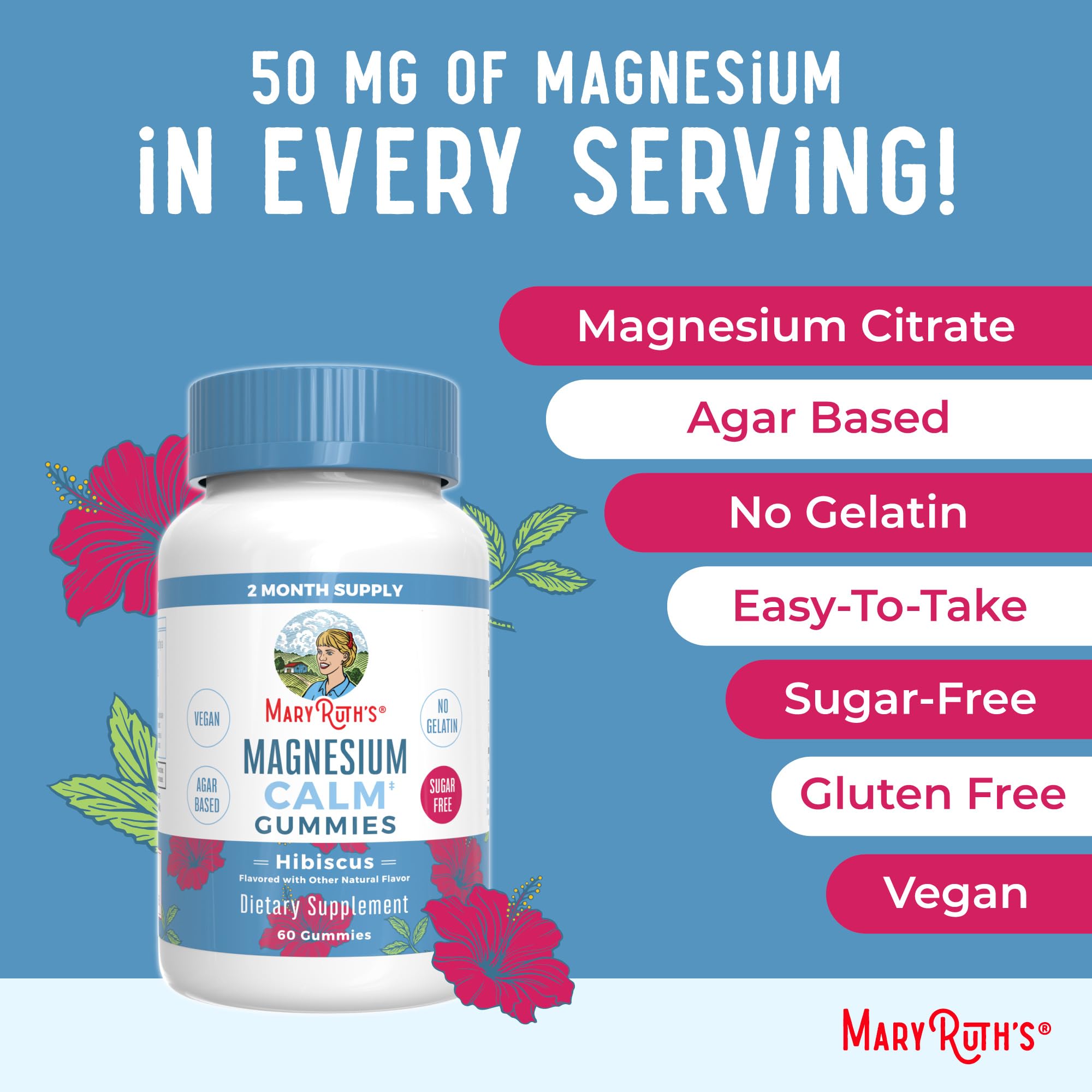 MaryRuth Organics Calm Magnesium Citrate Gummies | 2 Month Supply | Sugar Free | Magnesium Supplement for Adults | Stress Relief | Bone Health | Vegan | 60 Count