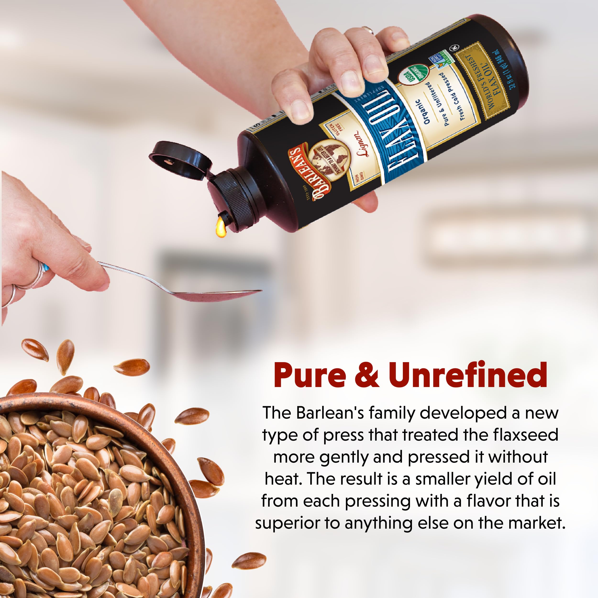 Barlean's Organic Lignan Omega 3 Flaxseed Oil Liquid Supplement for Men and Women, Cold Press Flax Seeds, 7230mg ALA Fatty Acid, Vegan and Gluten Free, 32 oz