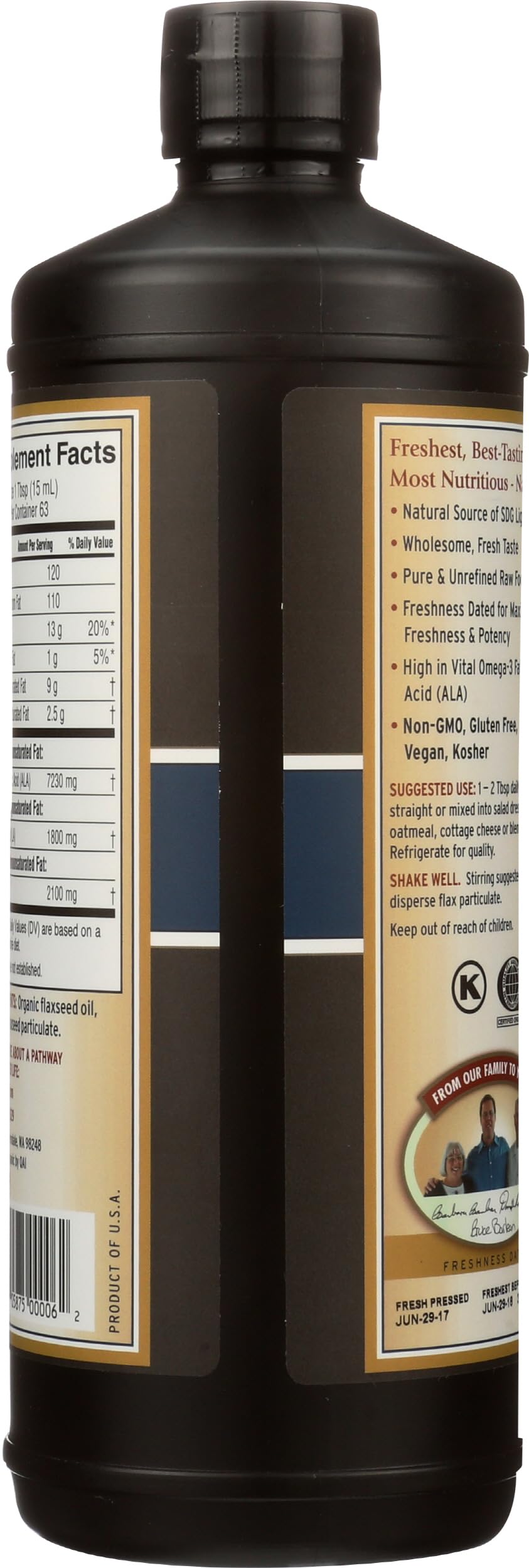 Barlean's Organic Lignan Omega 3 Flaxseed Oil Liquid Supplement for Men and Women, Cold Press Flax Seeds, 7230mg ALA Fatty Acid, Vegan and Gluten Free, 32 oz