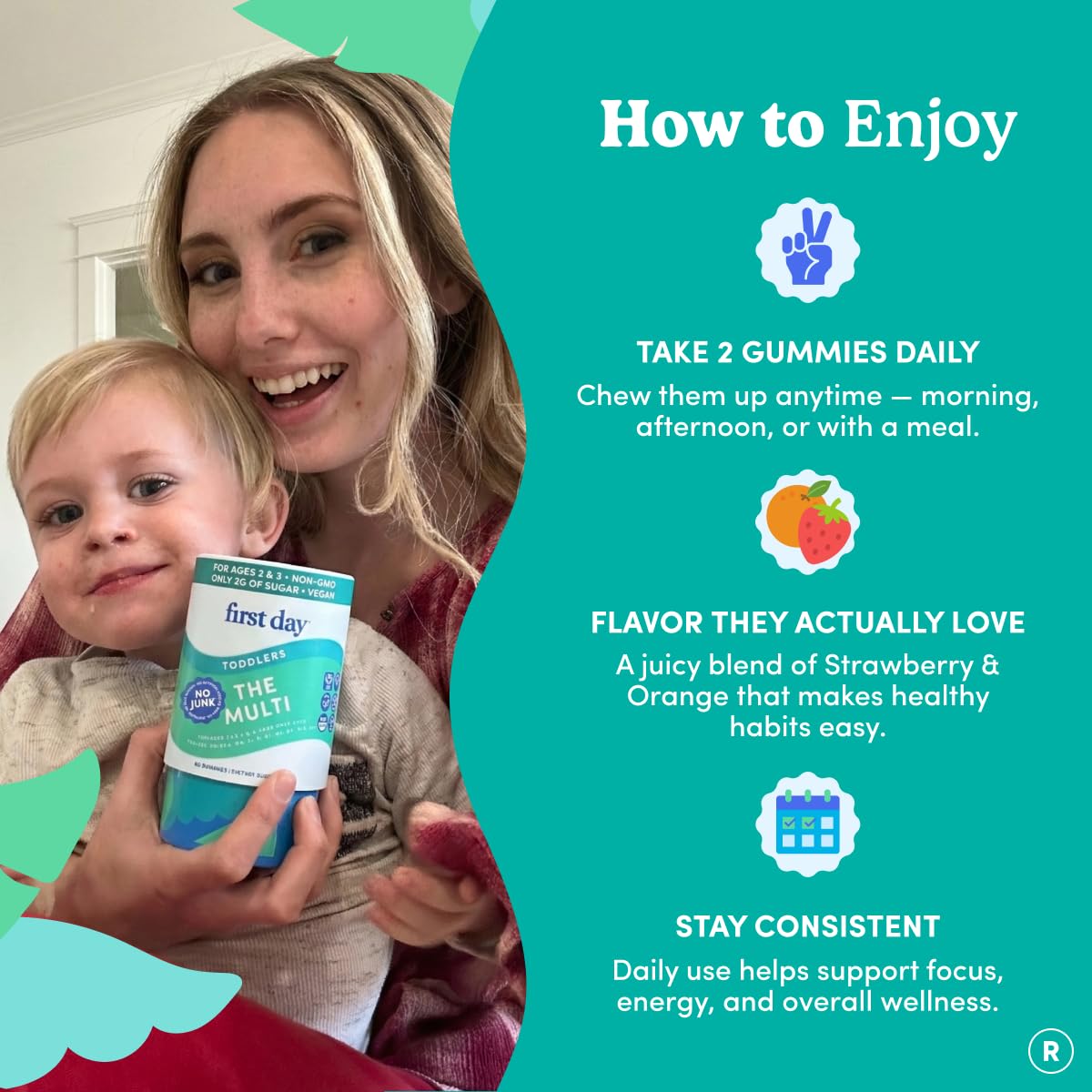 FIRST DAY Toddler Multivitamin Gummies (Ages 2-3)| Kids Multivitamin Gummies with Vitamins A C D3, B2, B12, Choline, Folate and 21 Organic Superfoods| (30 Day Supply)