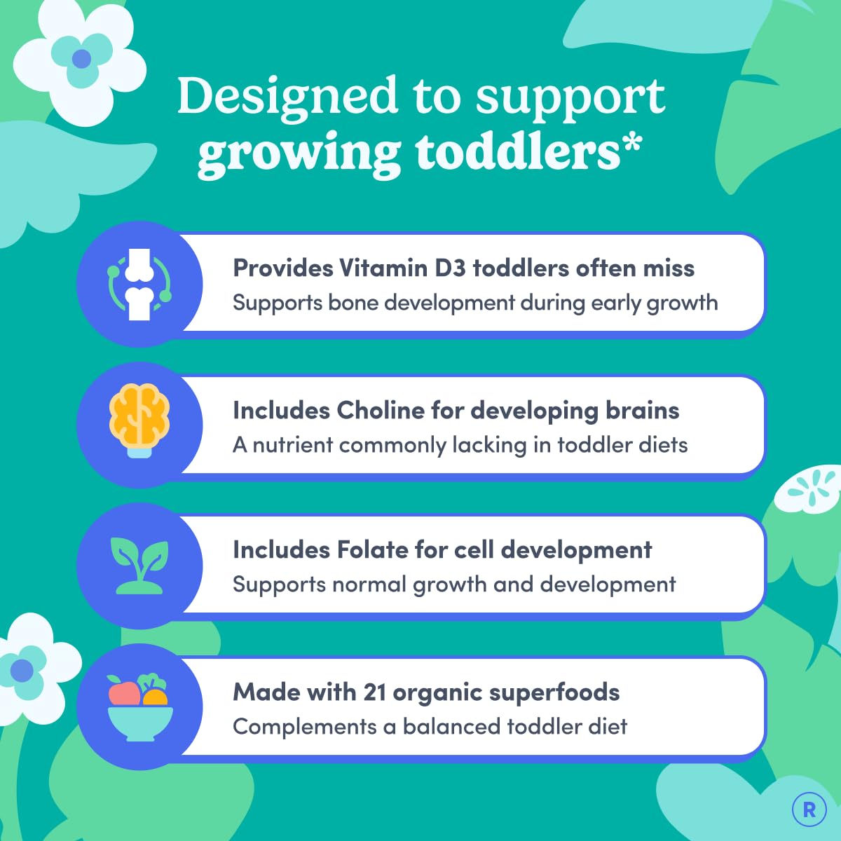 FIRST DAY Toddler Multivitamin Gummies (Ages 2-3)| Kids Multivitamin Gummies with Vitamins A C D3, B2, B12, Choline, Folate and 21 Organic Superfoods| (30 Day Supply)