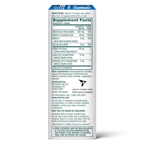 NEURIVA Brain + Eye Supplement for Memory, Focus & Concentration with Lutein & Vitamins A C E and Zinc for Eye Health & Zeaxanthin to Filter Blue Light, 30ct Capsules