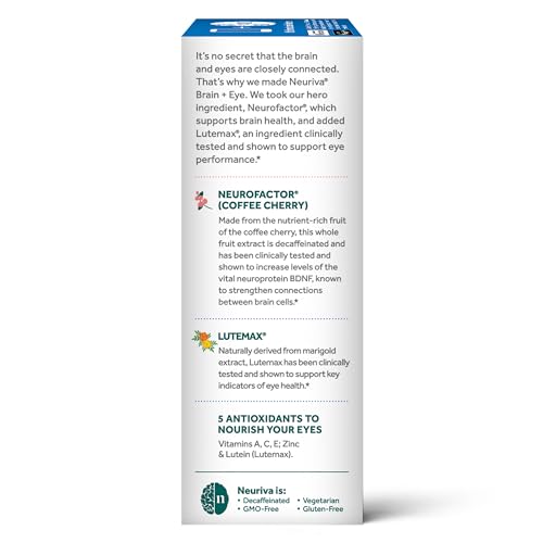 NEURIVA Brain + Eye Supplement for Memory, Focus & Concentration with Lutein & Vitamins A C E and Zinc for Eye Health & Zeaxanthin to Filter Blue Light, 30ct Capsules