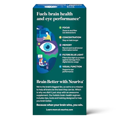 NEURIVA Brain + Eye Supplement for Memory, Focus & Concentration with Lutein & Vitamins A C E and Zinc for Eye Health & Zeaxanthin to Filter Blue Light, 30ct Capsules