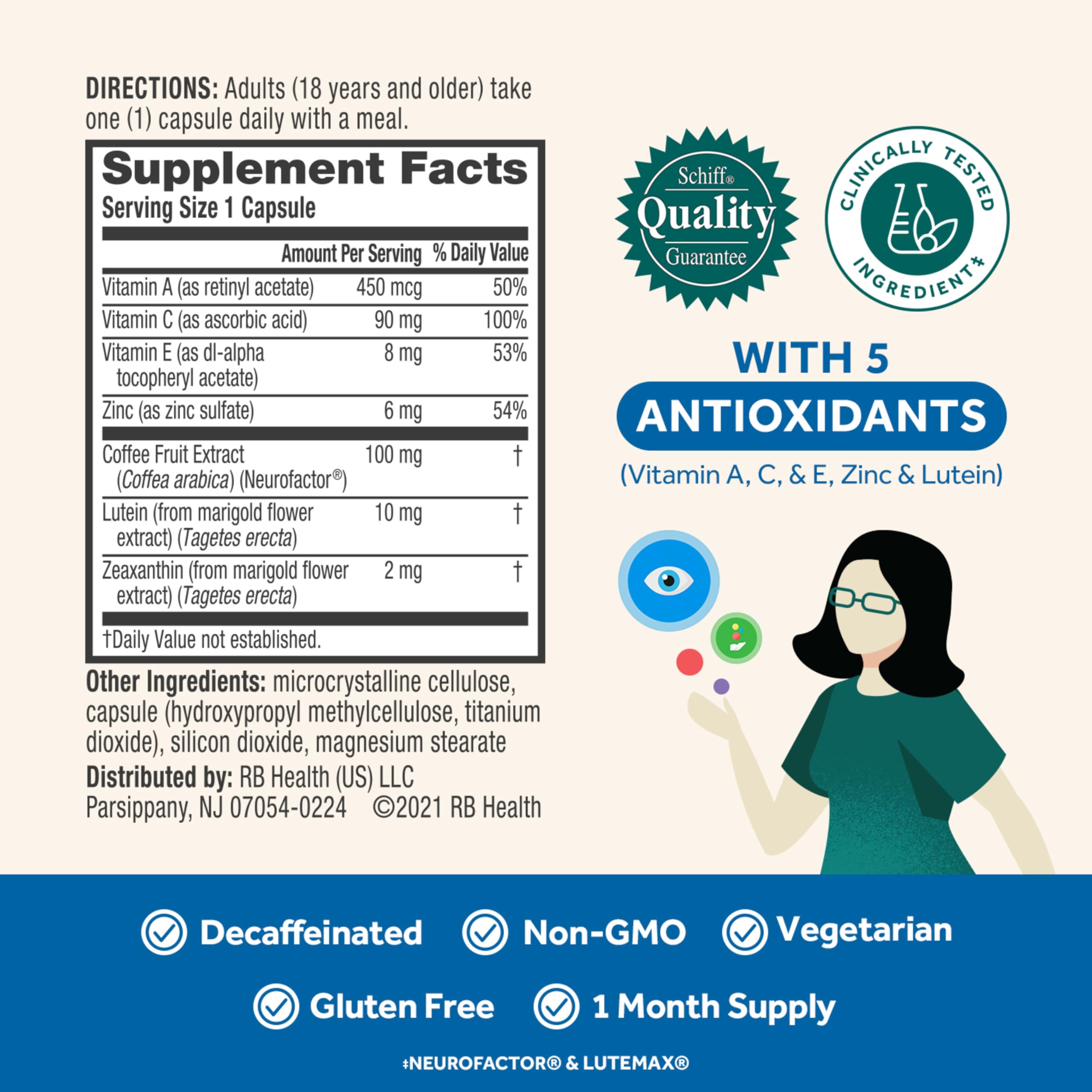 NEURIVA Brain + Eye Supplement for Memory, Focus & Concentration with Lutein & Vitamins A C E and Zinc for Eye Health & Zeaxanthin to Filter Blue Light, 30ct Capsules