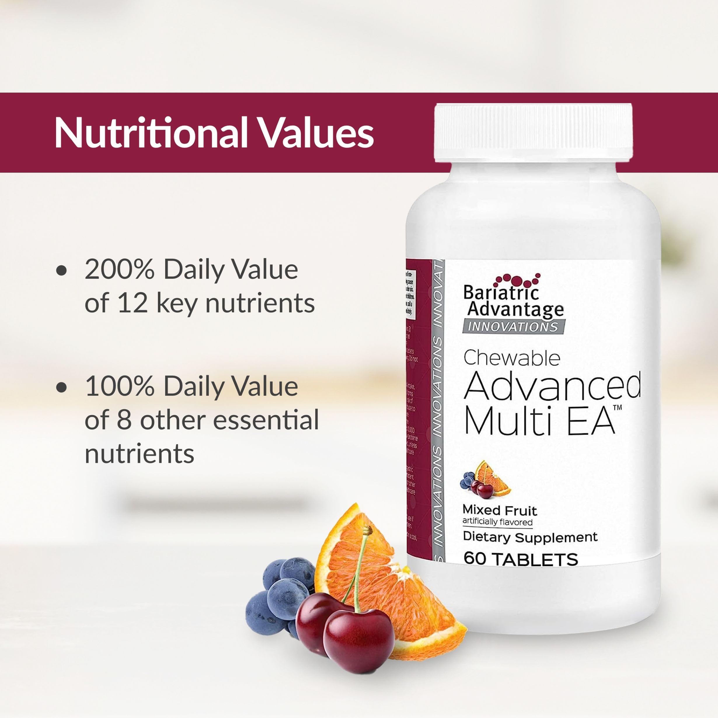 Bariatric Advantage Chewable Advanced Multi EA - High Potency Daily Multivitamin with Iron for Bariatric Surgery Patients - Mixed Fruit Flavor - 60 Count