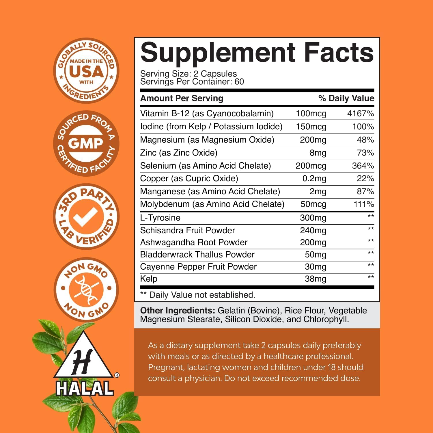 Herbal Thyroid Support Complex - Potent Kelp Iodine Supplement with L Tyrosine, Bladderwrack, Selenium & Pure Ashwagandha for Hormone Balance - Mood & Energy Dietary Pills - 120 Count