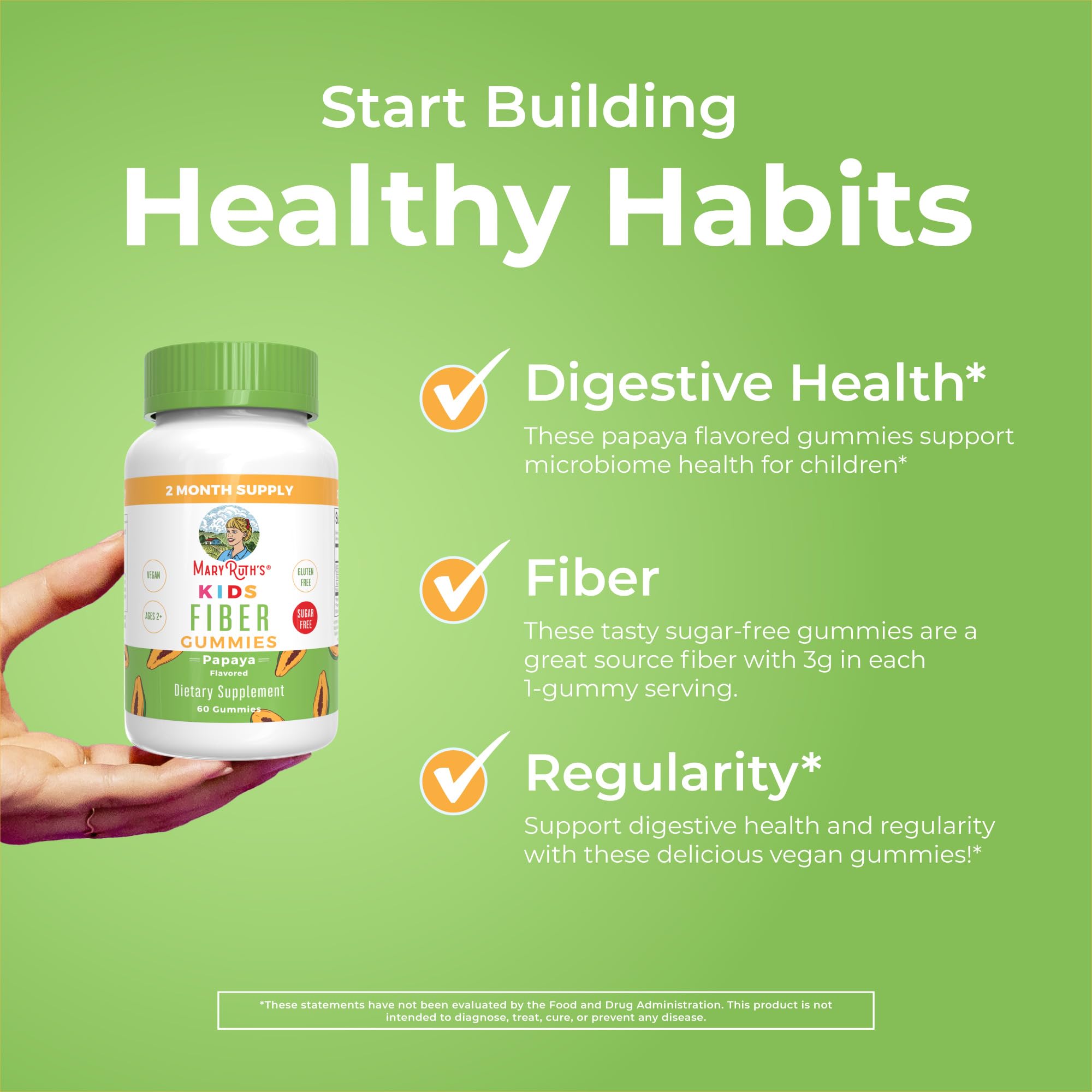 MaryRuth Organics Fiber Gummies for Kids | 2 Month Supply | Sugar Free | Soluble Fiber Supplement | Gut Health & Digestion Support | 3g Fiber per Gummy | Vegan | 60 Count